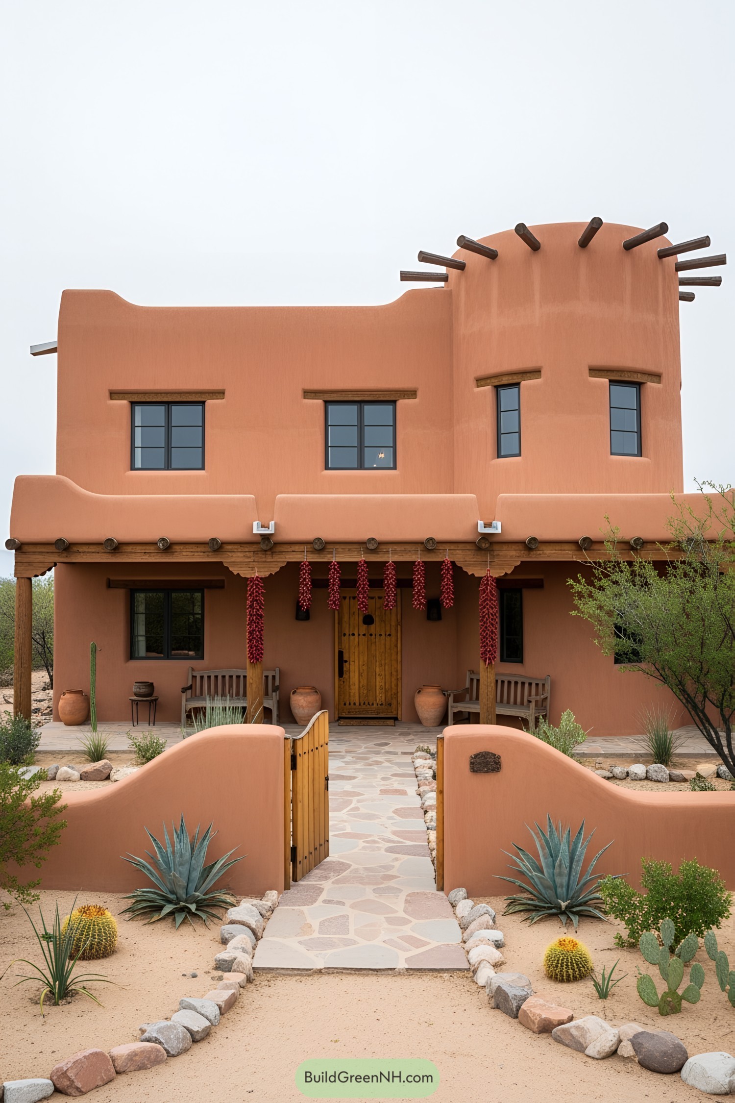 Stucco house with wooden beams and desert landscaping