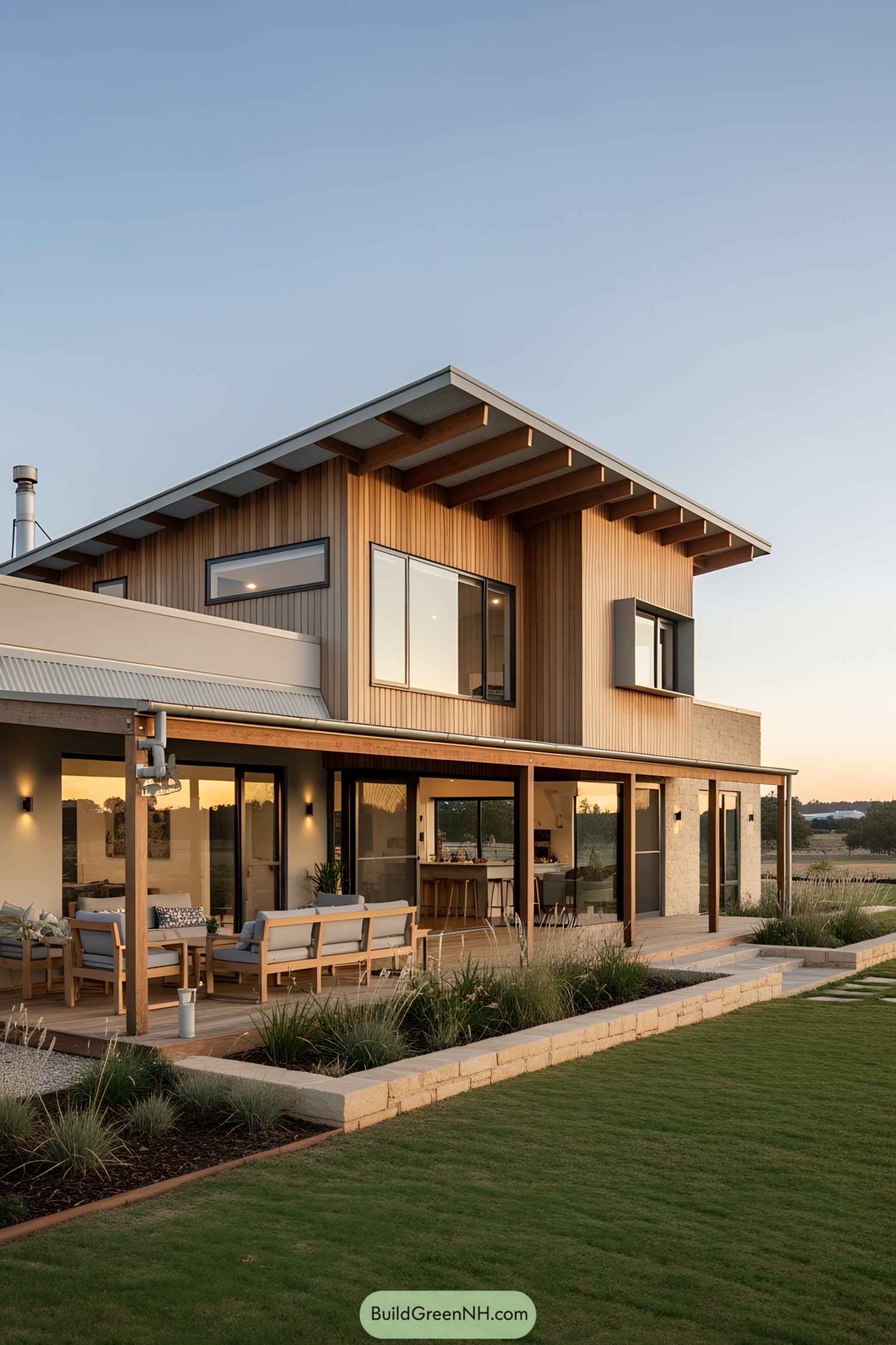 Modern Australian farmhouse with wooden exterior and large windows
