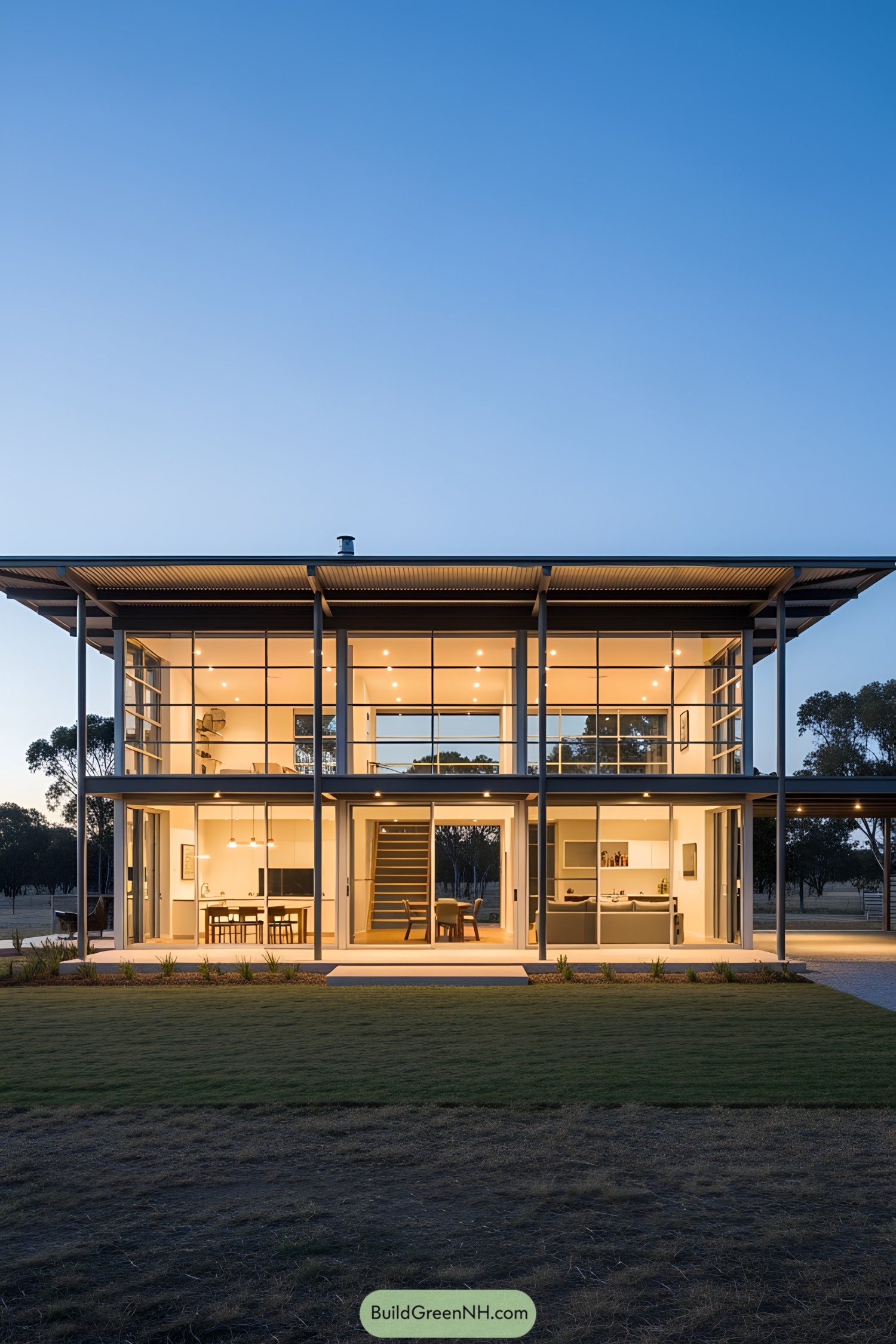 Contemporary farmhouse with expansive glass facade at dusk