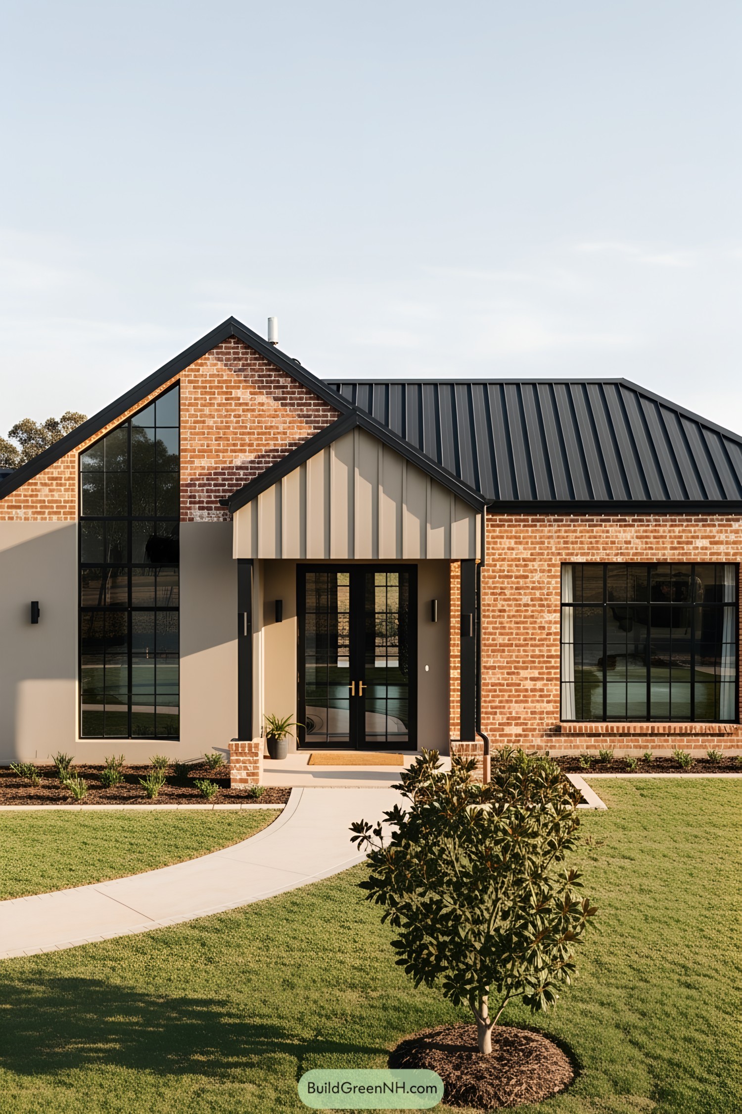 Modern farmhouse with brick and metal elements