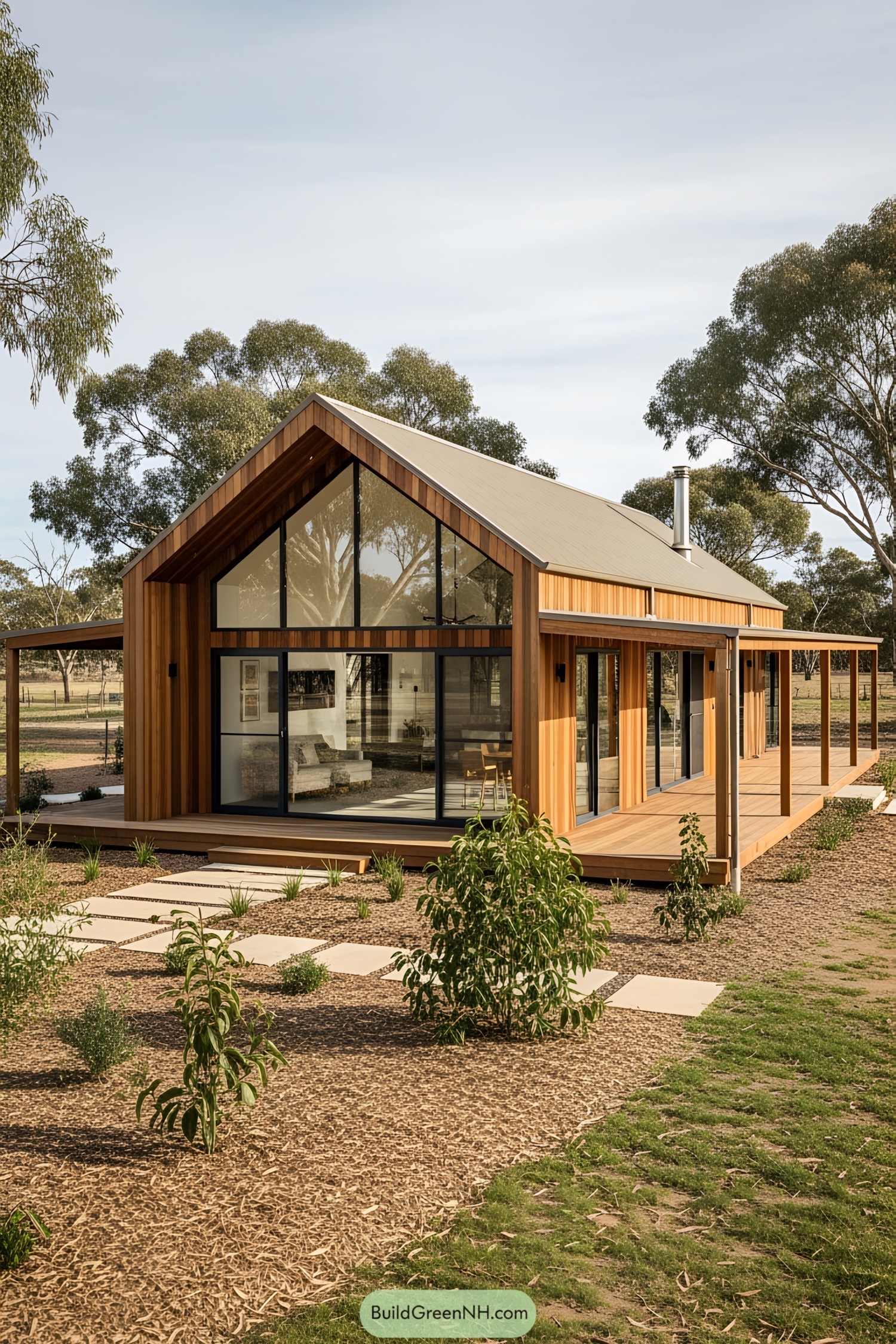 Modern Australian farmhouse with wooden exterior and glass windows