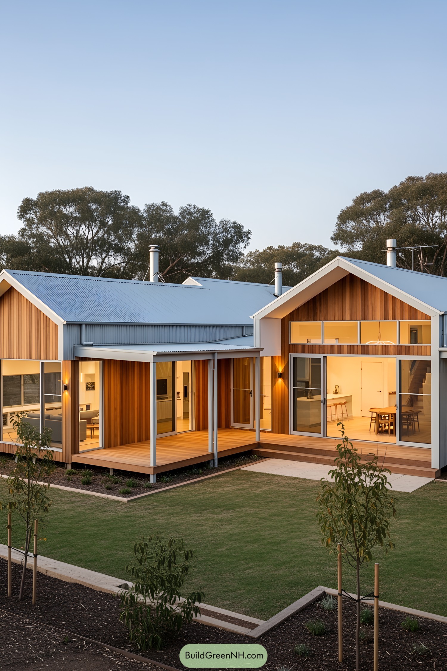 Contemporary farmhouse with a wooden exterior and large windows