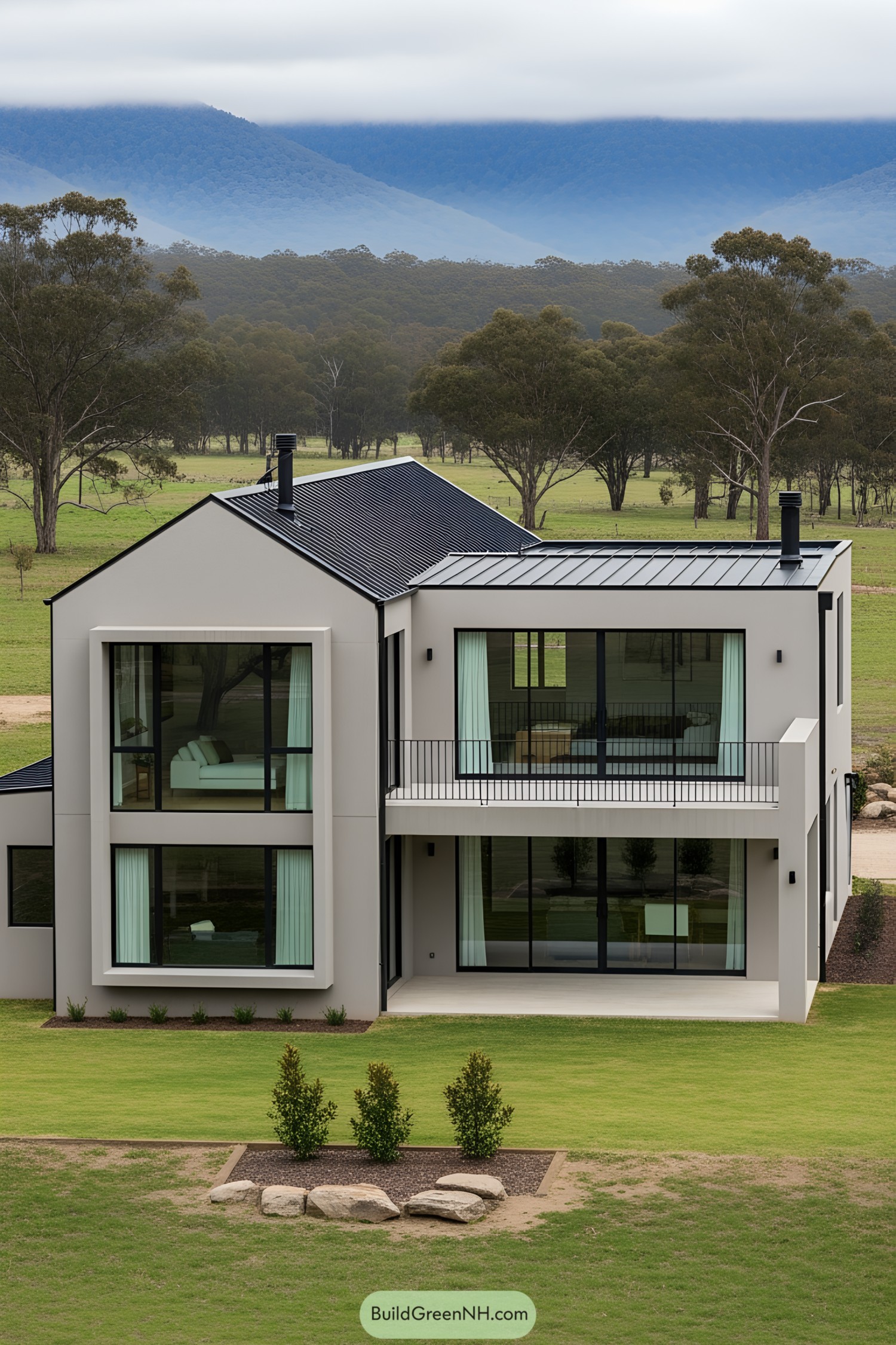 Modern farmhouse with large windows and a scenic backdrop
