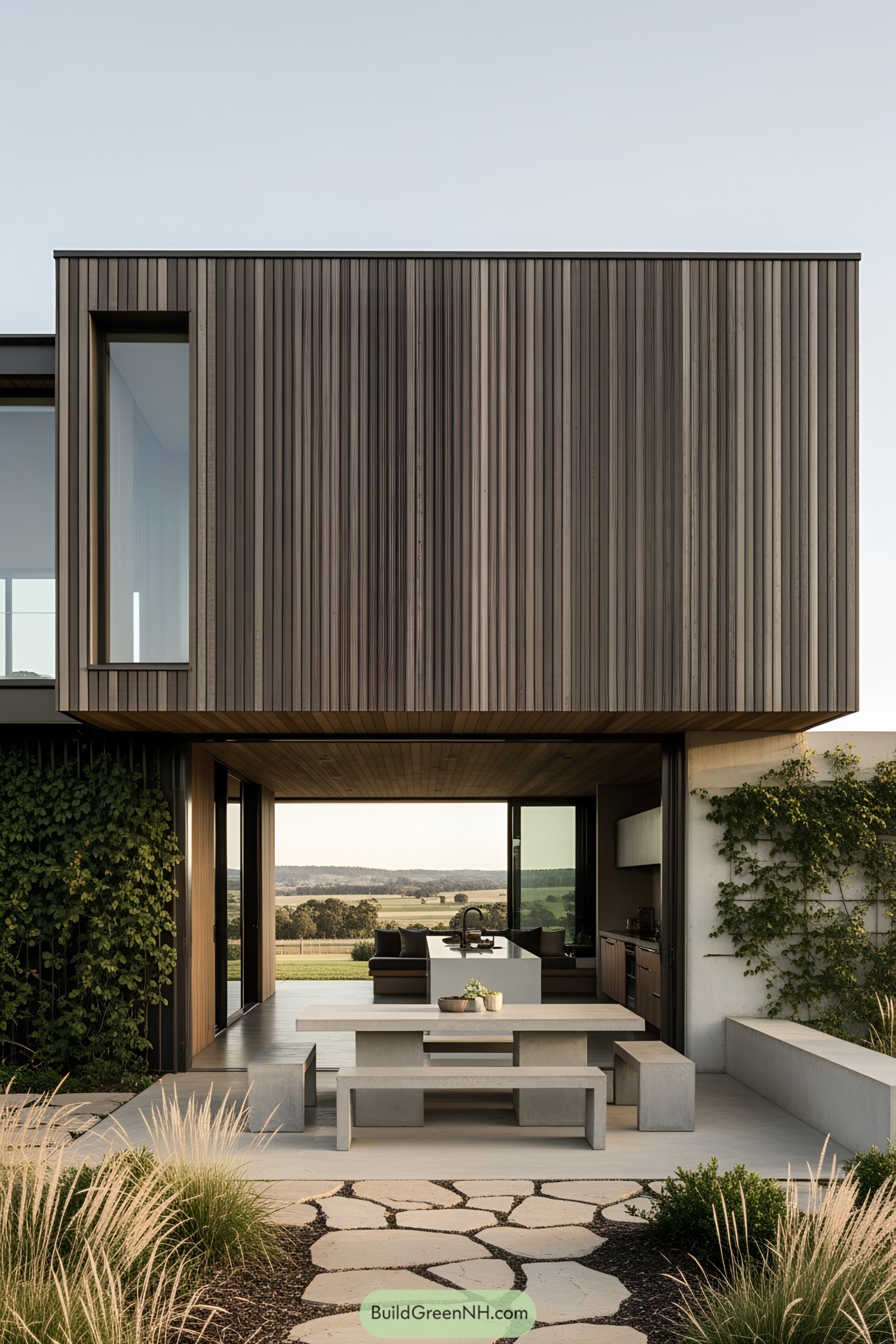 Contemporary farmhouse with wooden facade and open dining