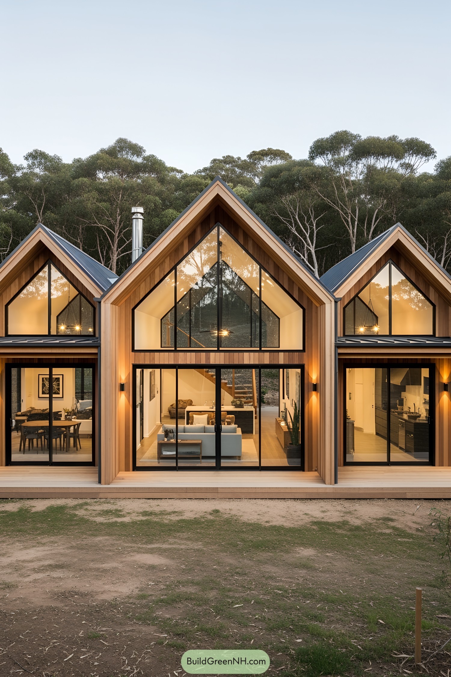 Contemporary farmhouse with large glass windows and wooden accents