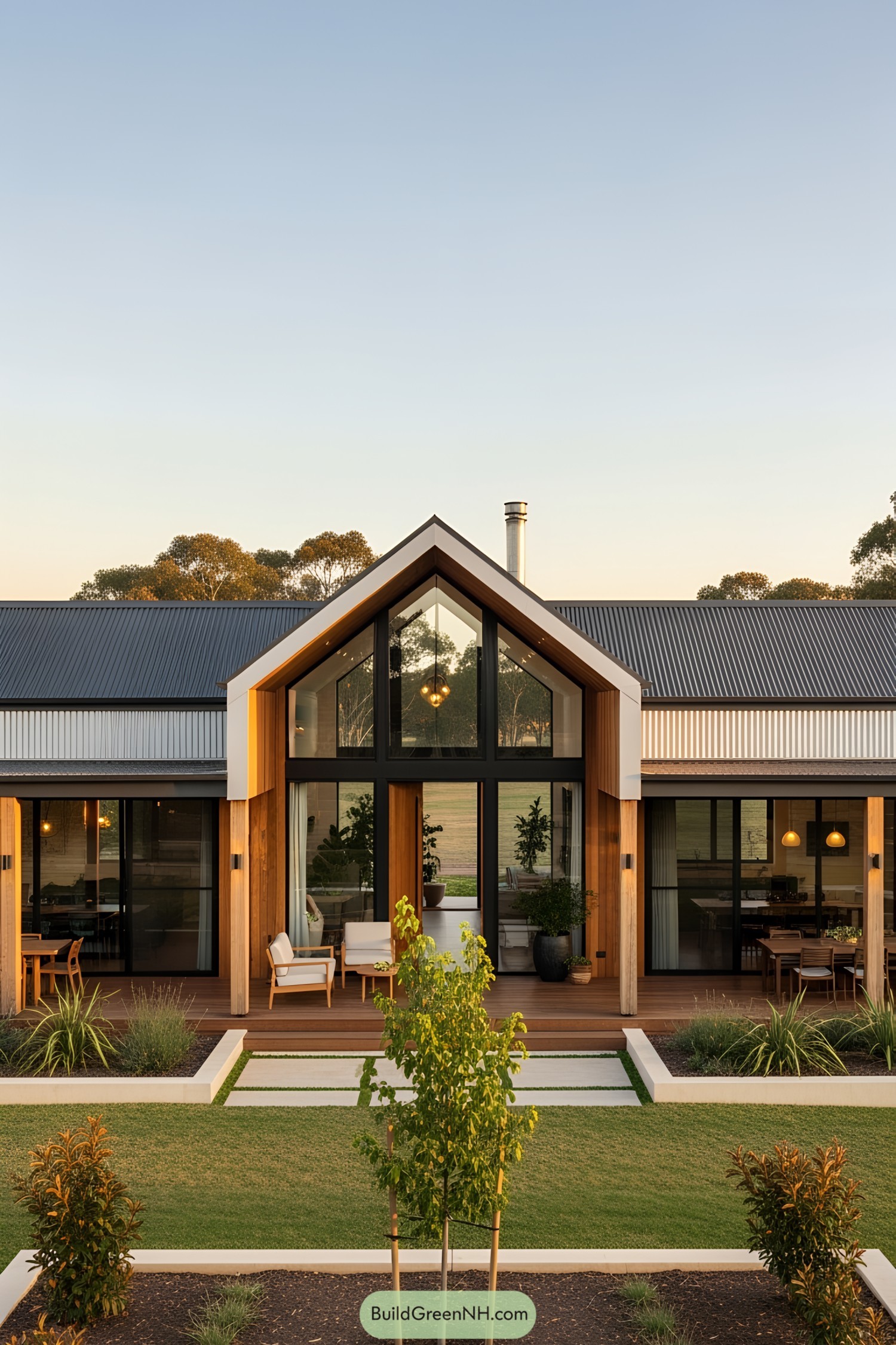 Modern farmhouse with large windows and wooden accents