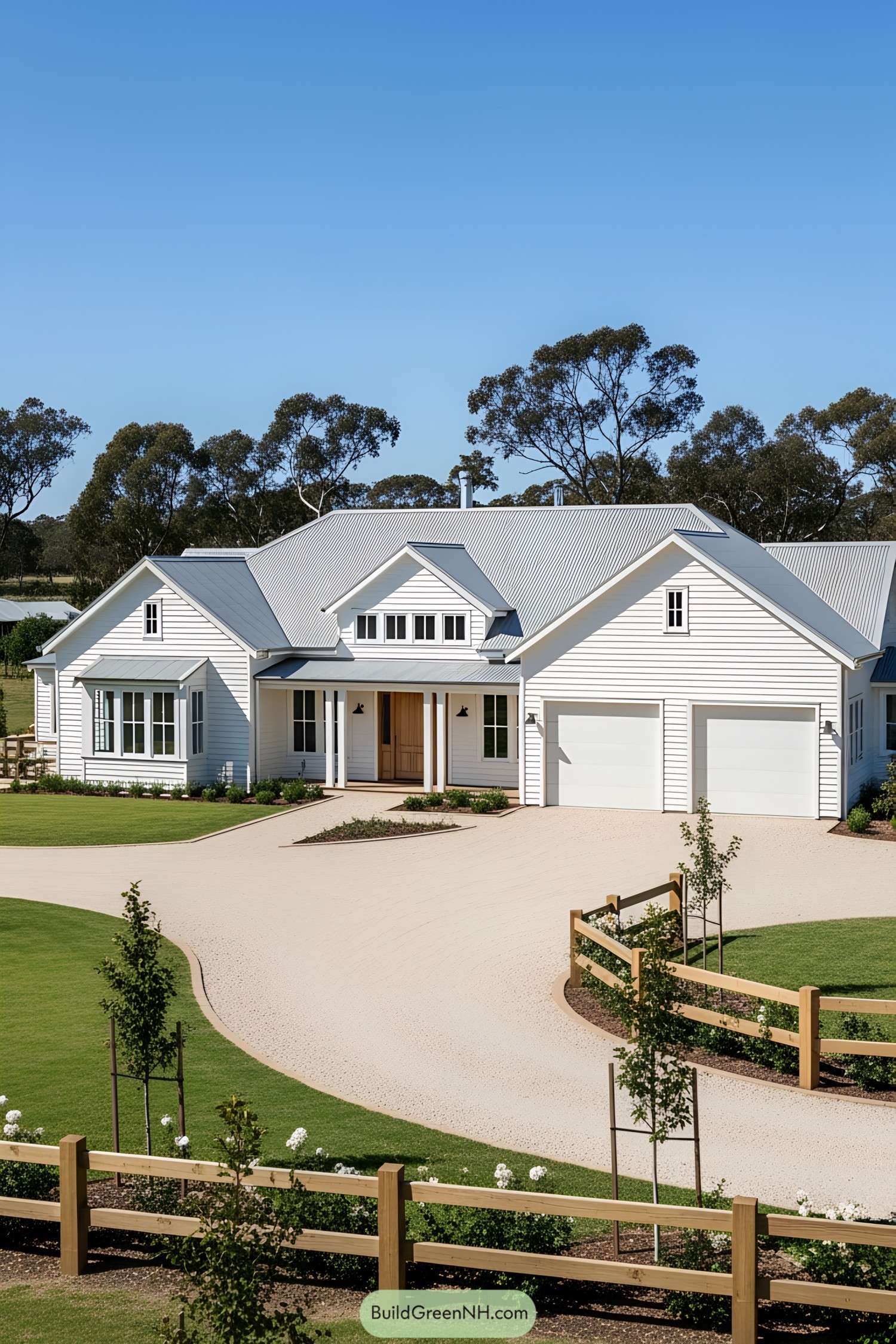 Modern white farmhouse with a metal roof and spacious driveway surrounded by lush greenery