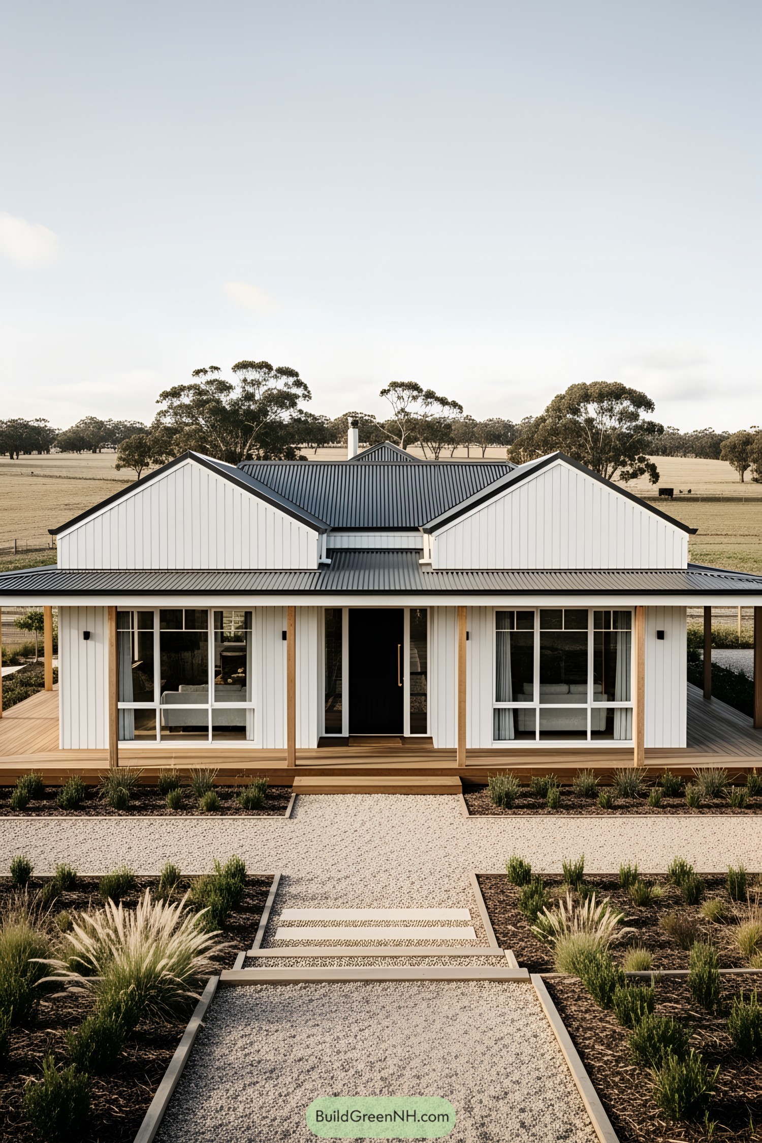 Modern Australian farmhouse with large windows and a metal roof