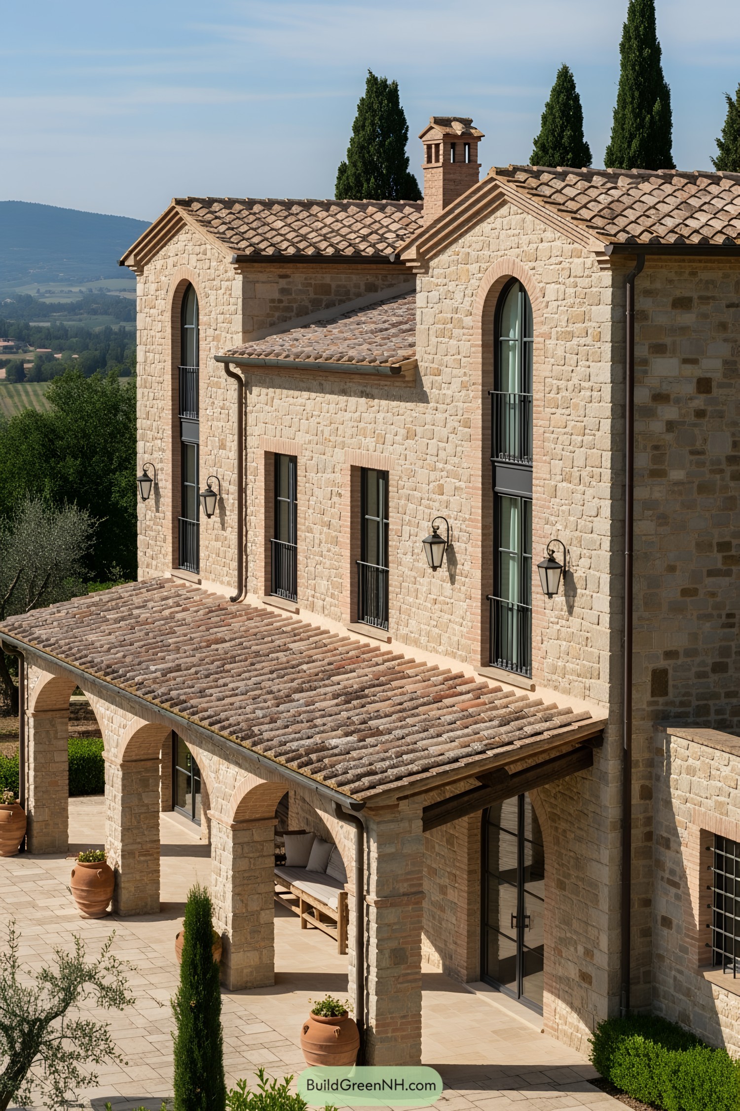 Italian farmhouse with arches and tiled roof against a scenic backdrop