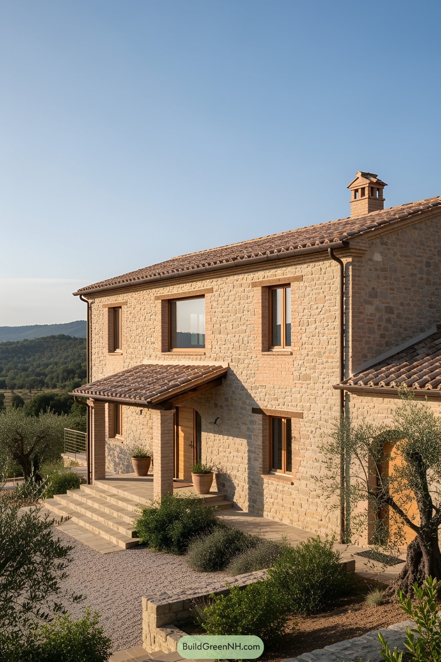Modern Italian farmhouse with stone façade and terracotta roof
