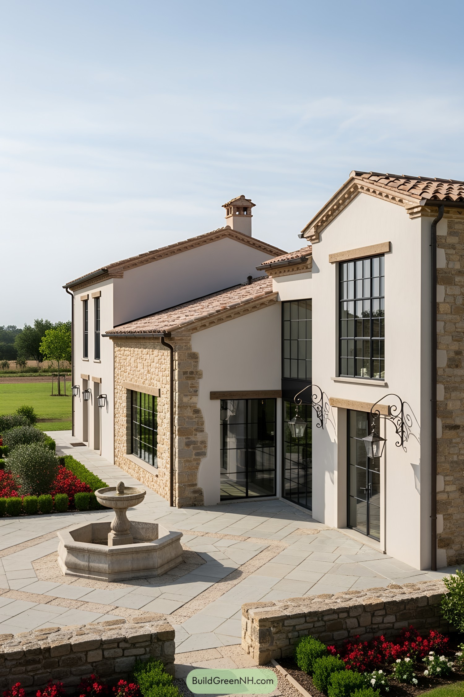 Italian farmhouse with stone accents and landscaped garden