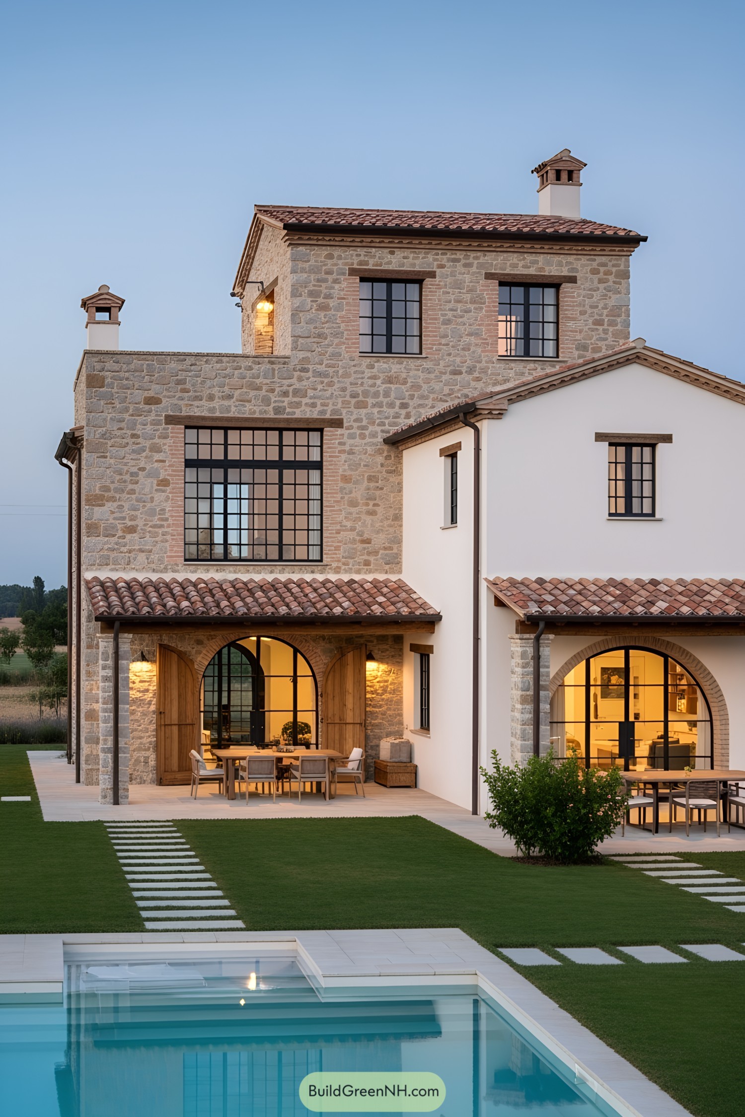 Luxury farmhouse with stone walls and a pool