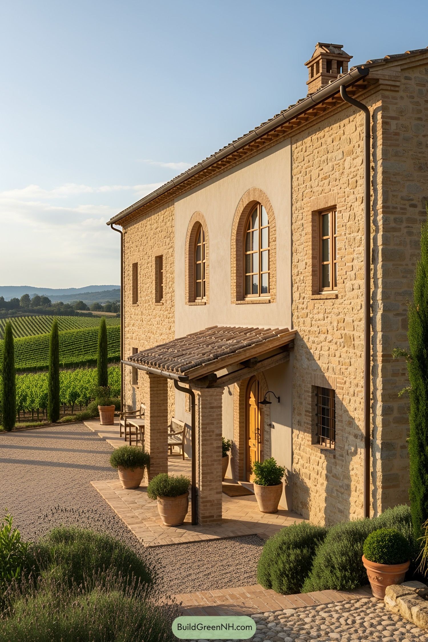 Charming farmhouse with stone facade and arched windows