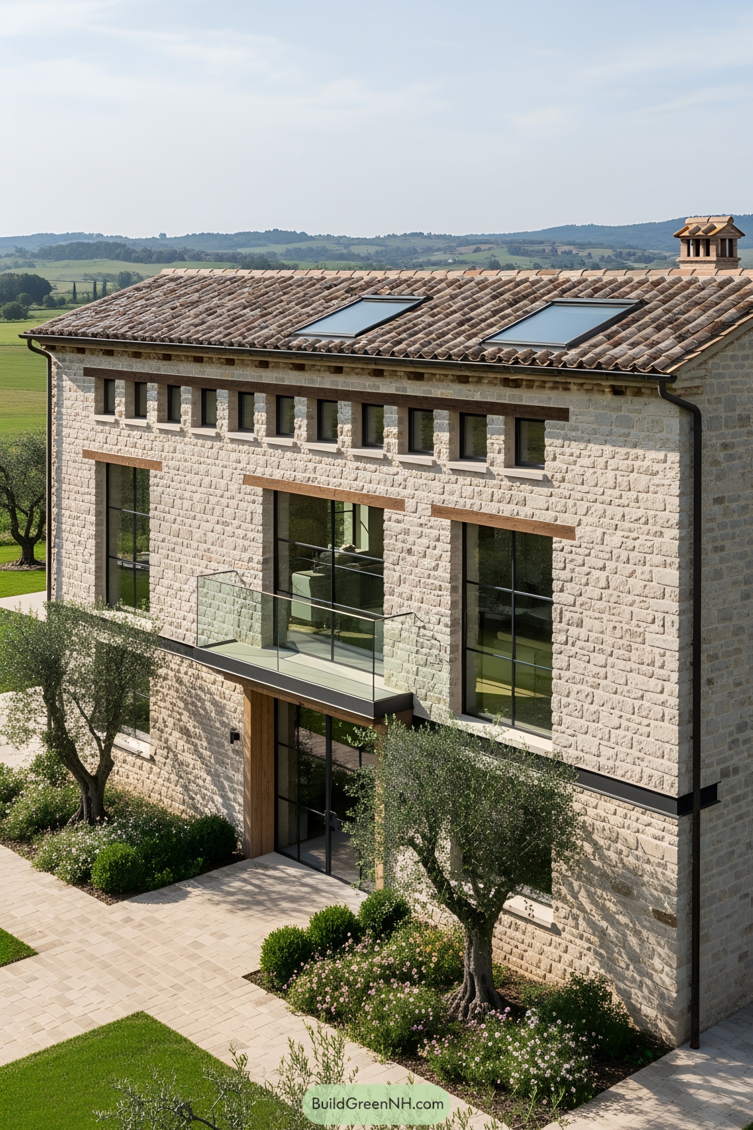 Modern farmhouse with stone facade and balcony