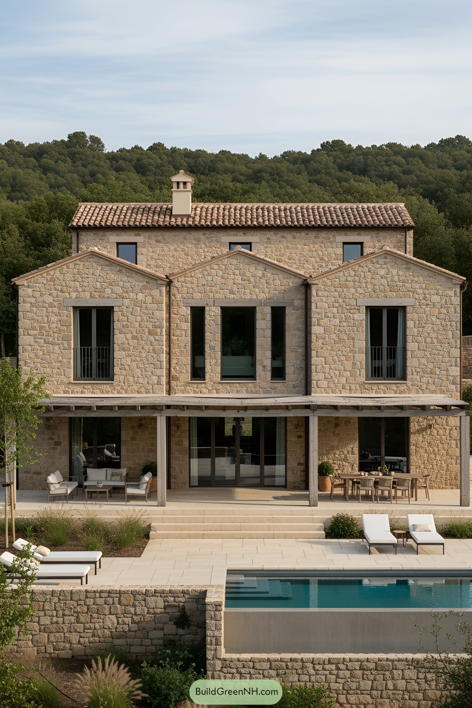 A modern Italian farmhouse with a pool and patio