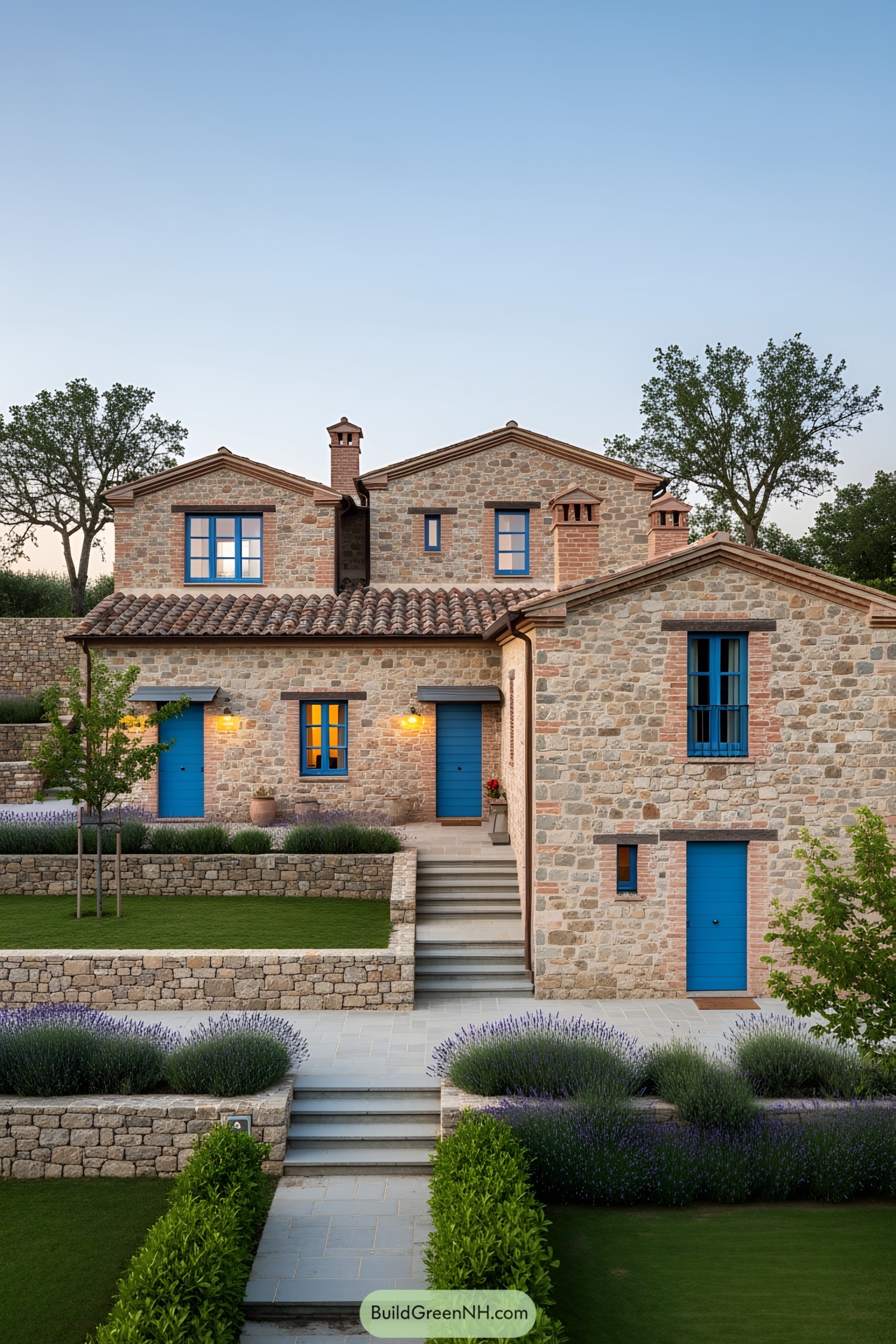 Charming stone farmhouse with bright blue doors