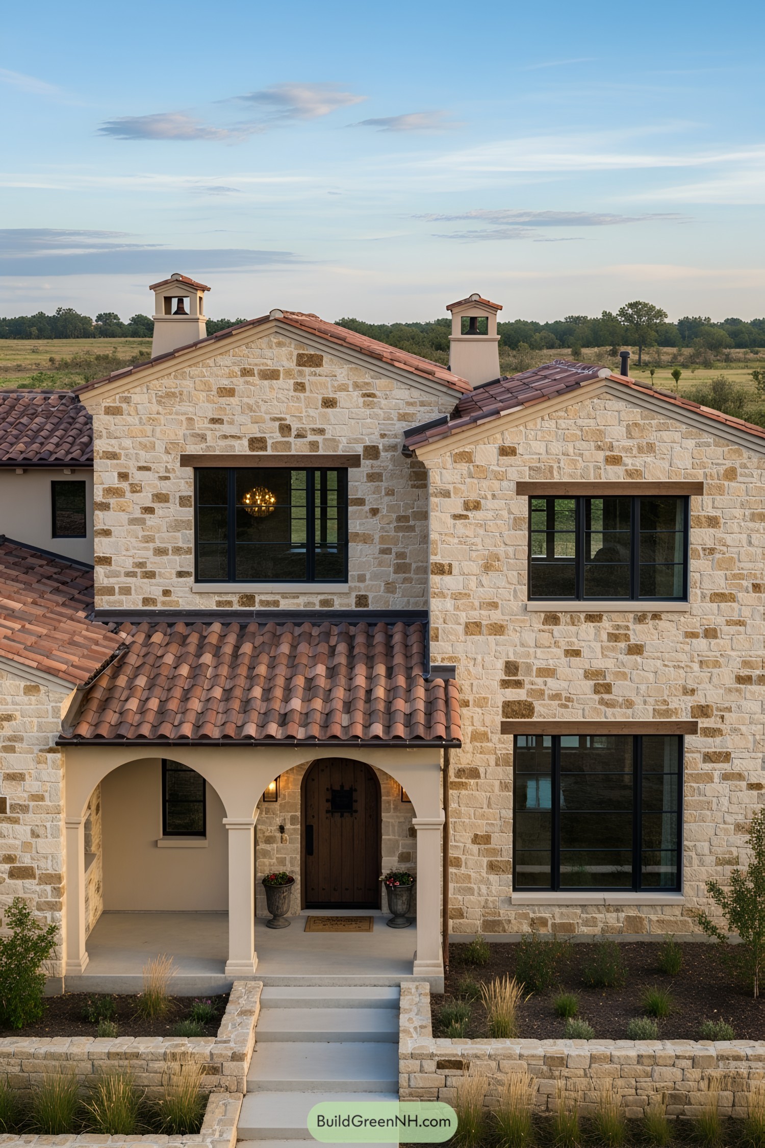 Modern farmhouse with stone walls and terracotta roof