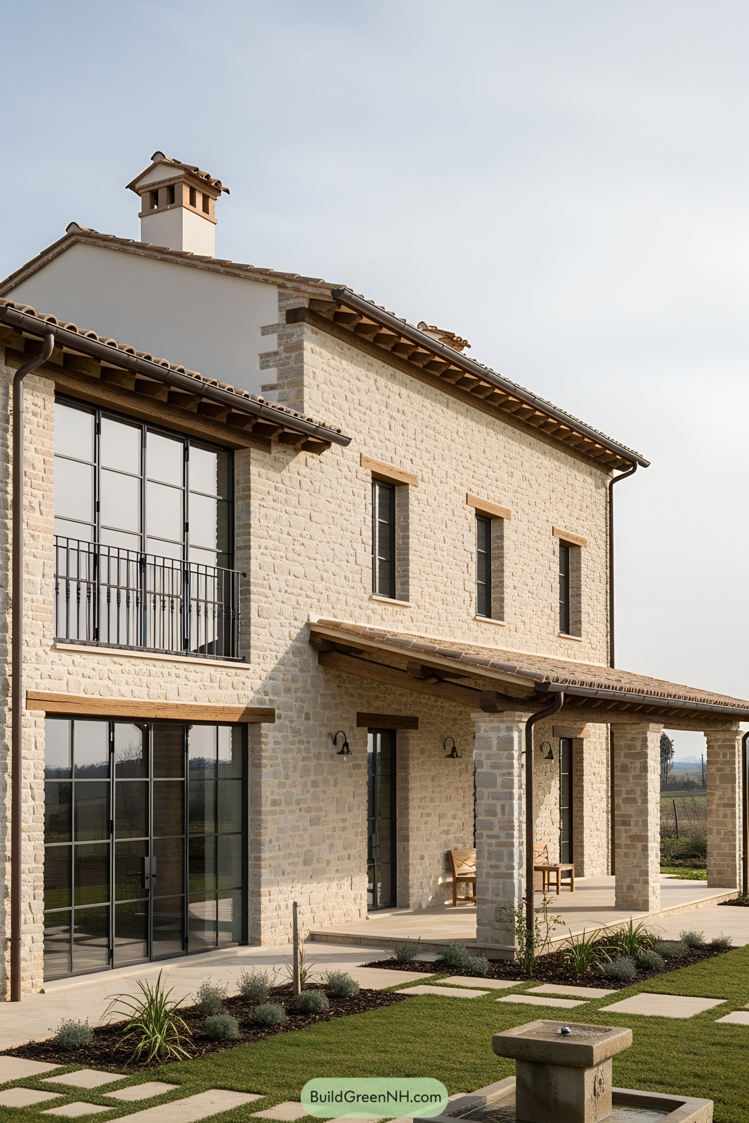 Stone farmhouse with large windows and manicured garden