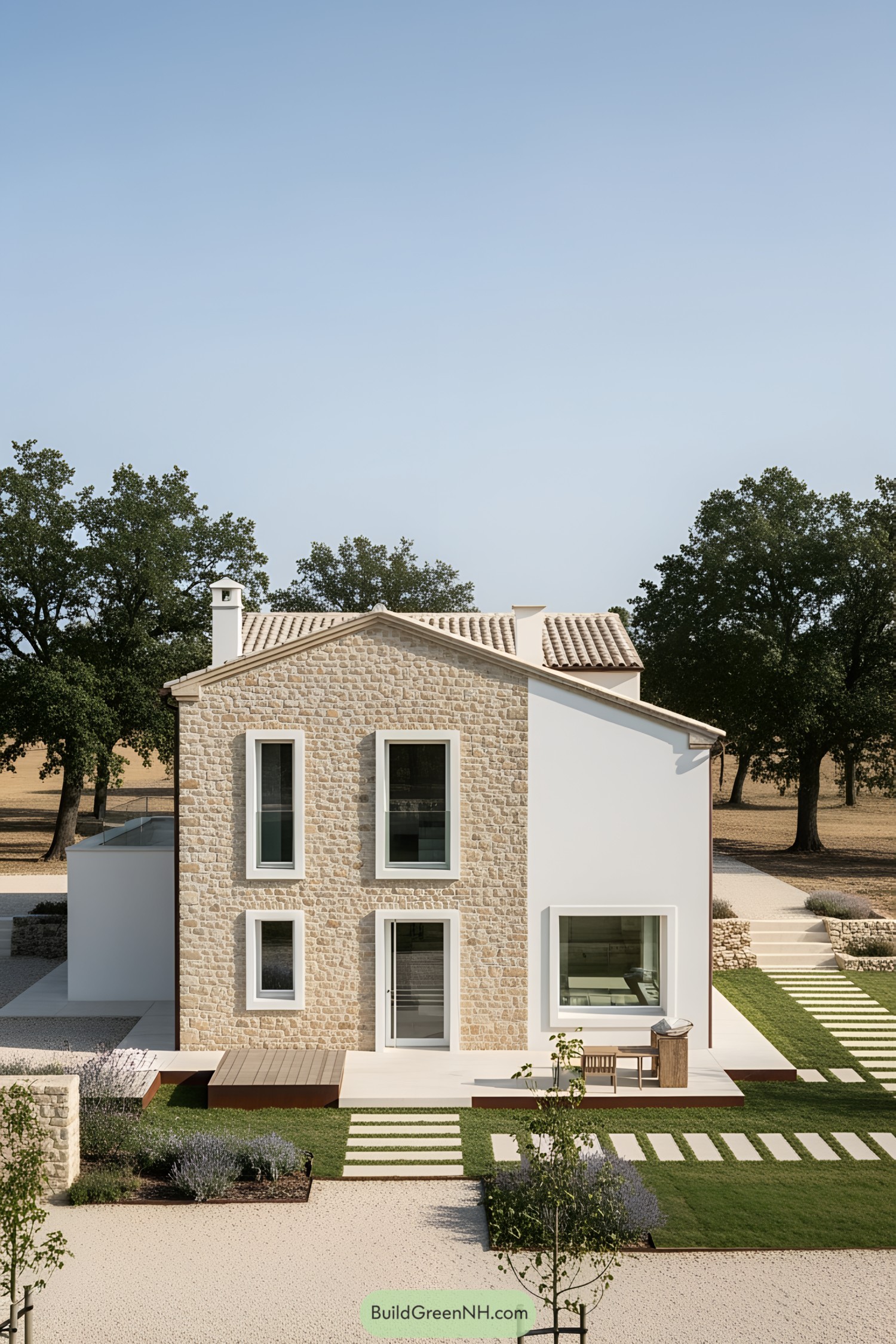 Modern farmhouse with stone facade and greenery