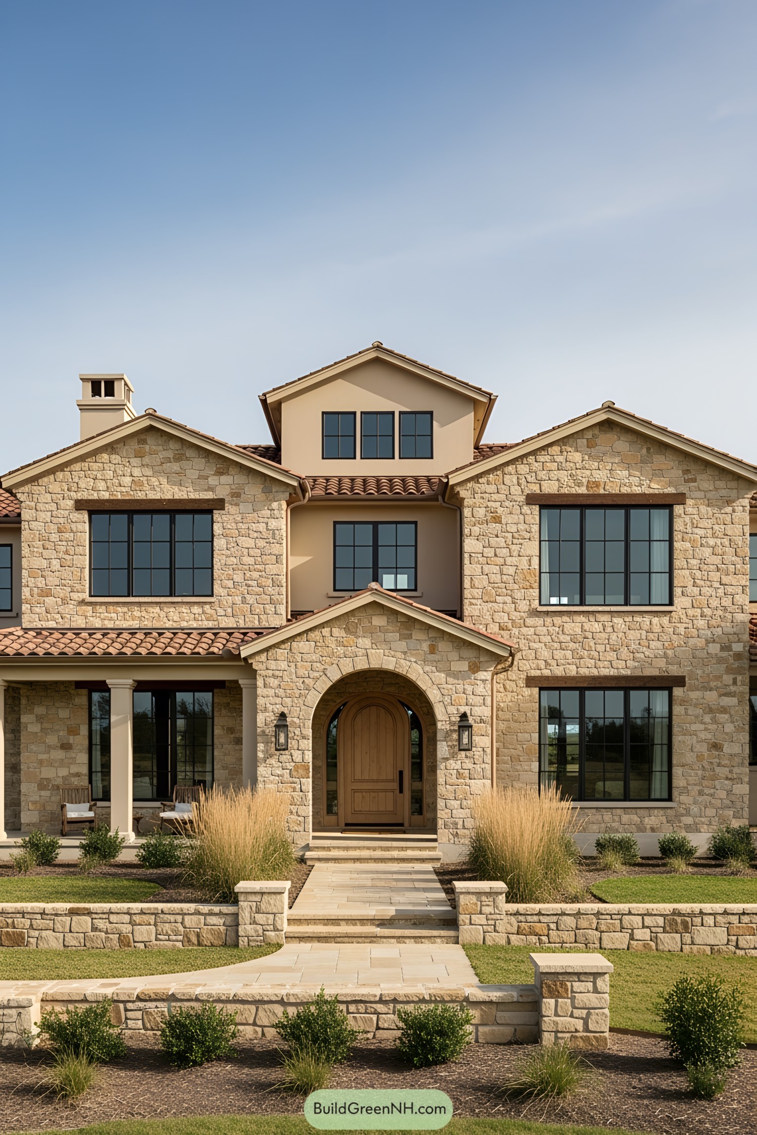 Elegant farmhouse with stone façade and arched entryway