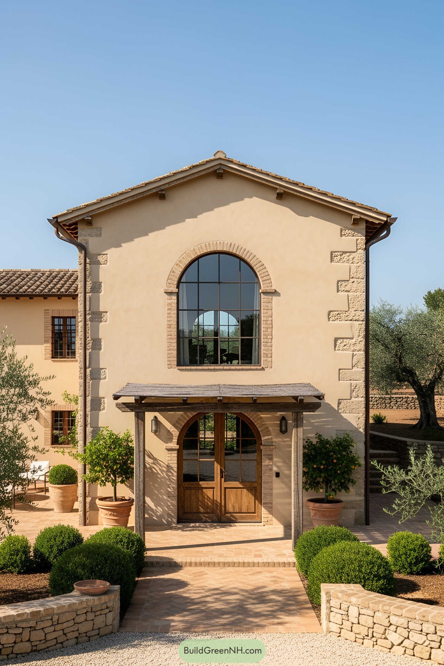 Modern Italian farmhouse exterior with large arched window