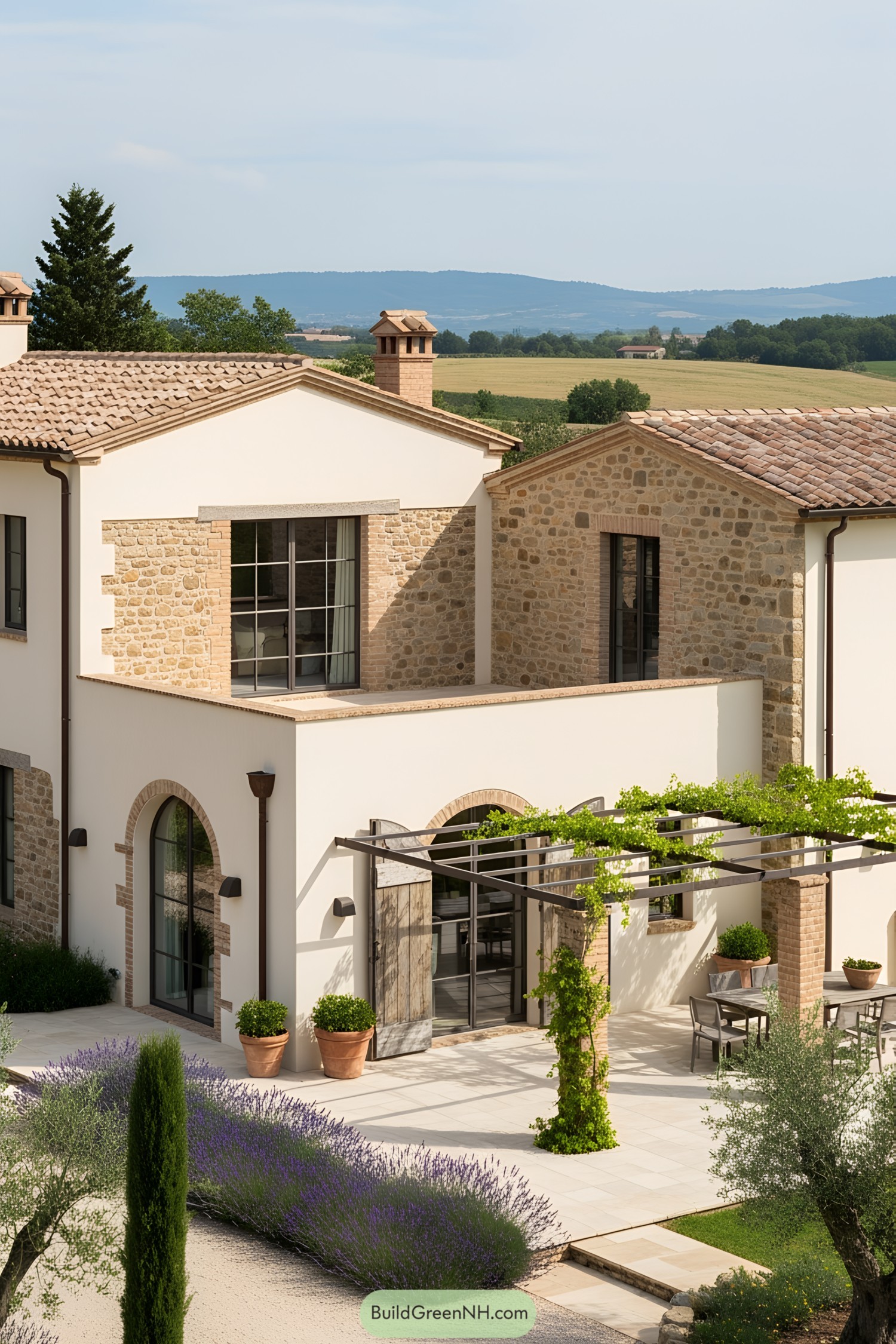 Modern farmhouse with stone architecture and greenery