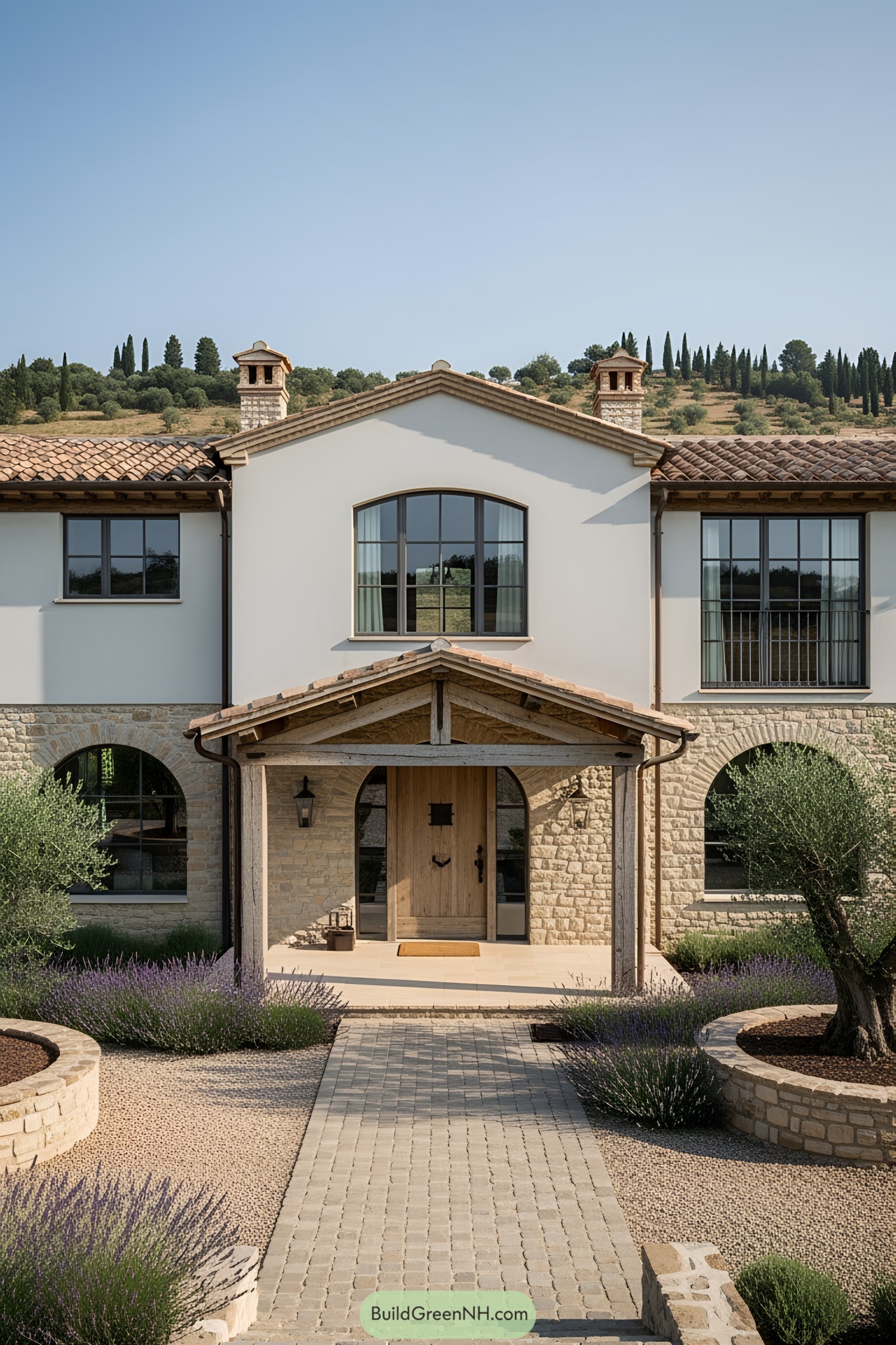 Stone farmhouse with wooden door, lavender borders, and hilly backdrop