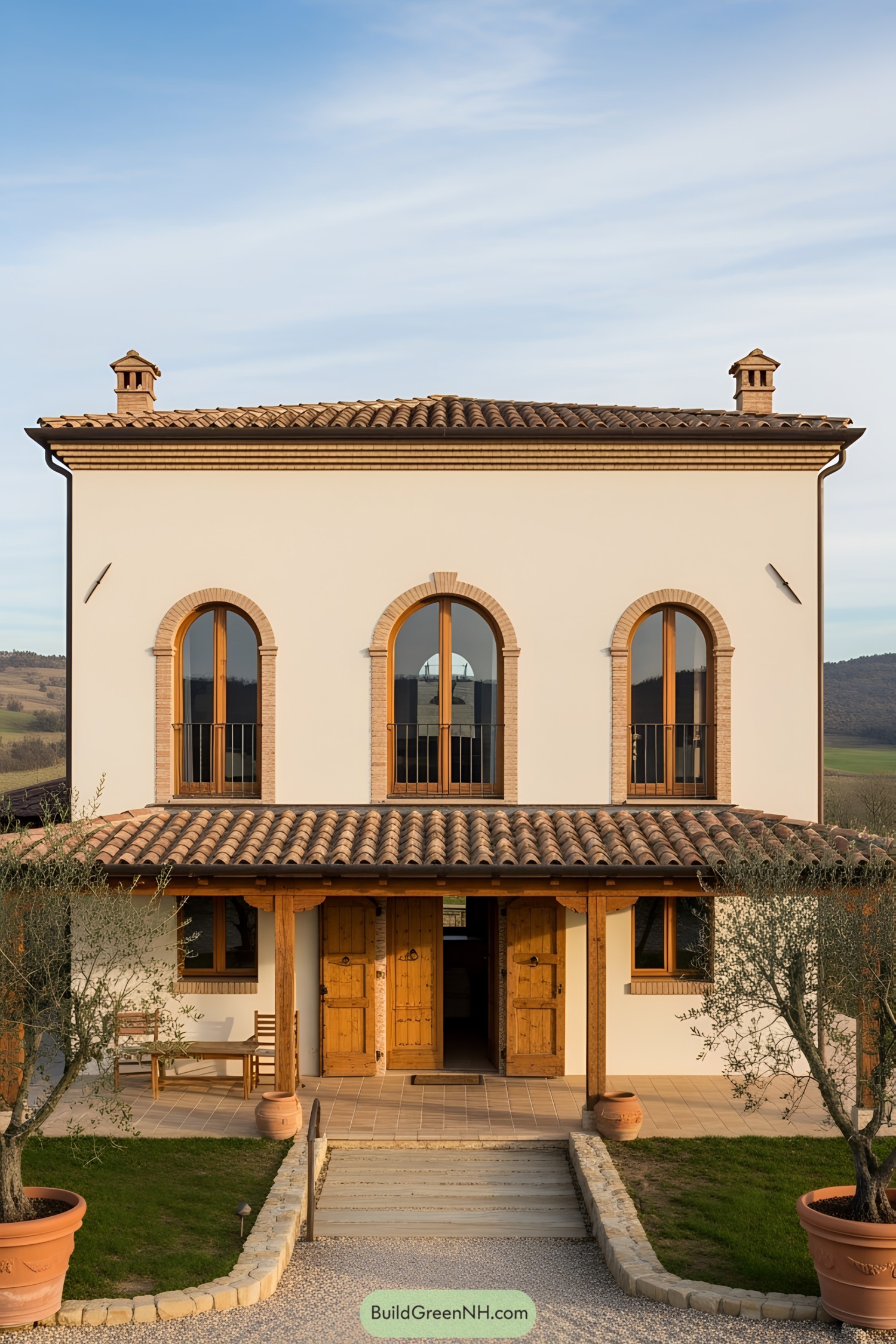 Cream-colored Italian farmhouse with arched windows and terracotta roof