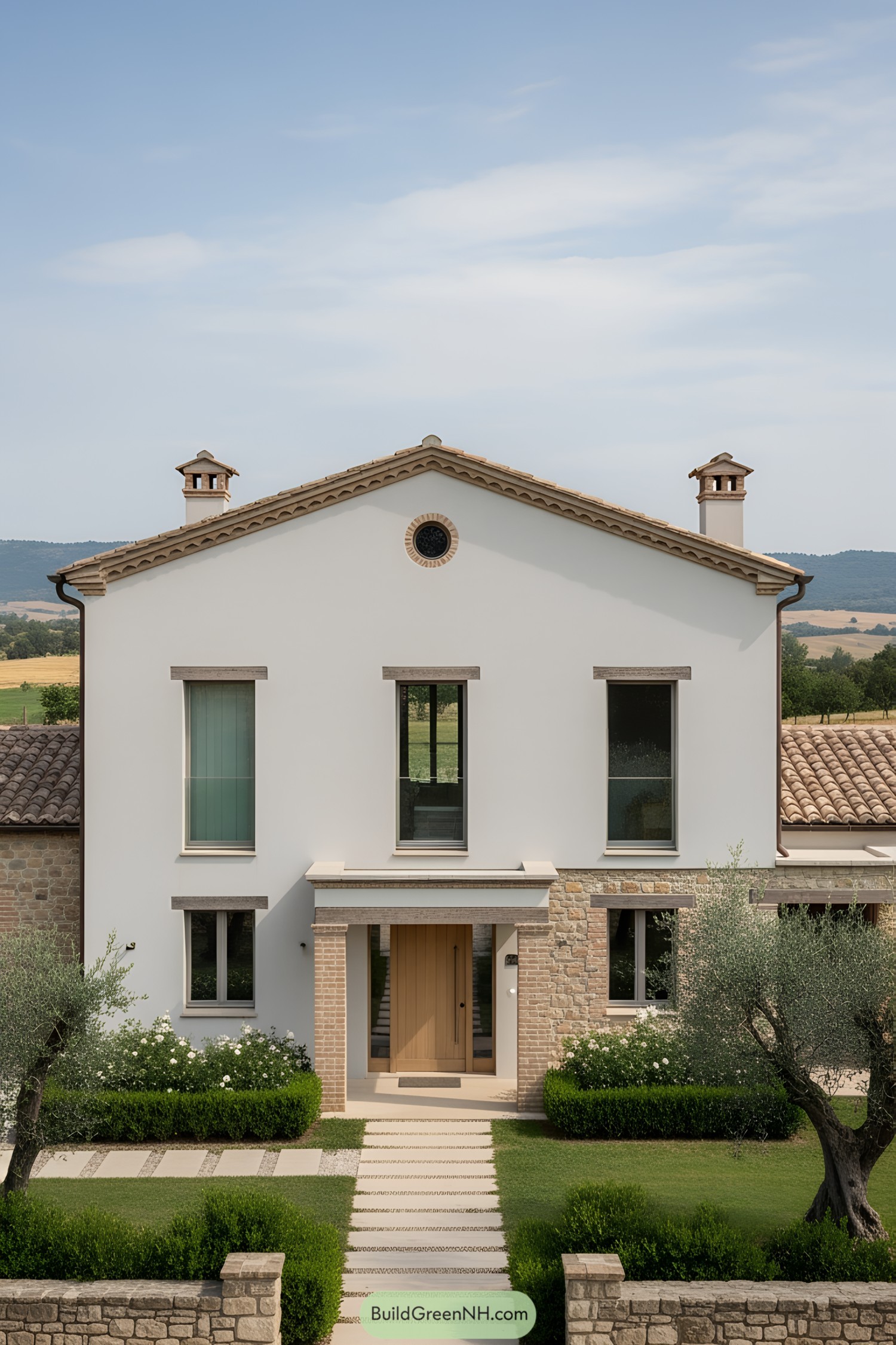 Modern farmhouse with stone accents and lush gardens