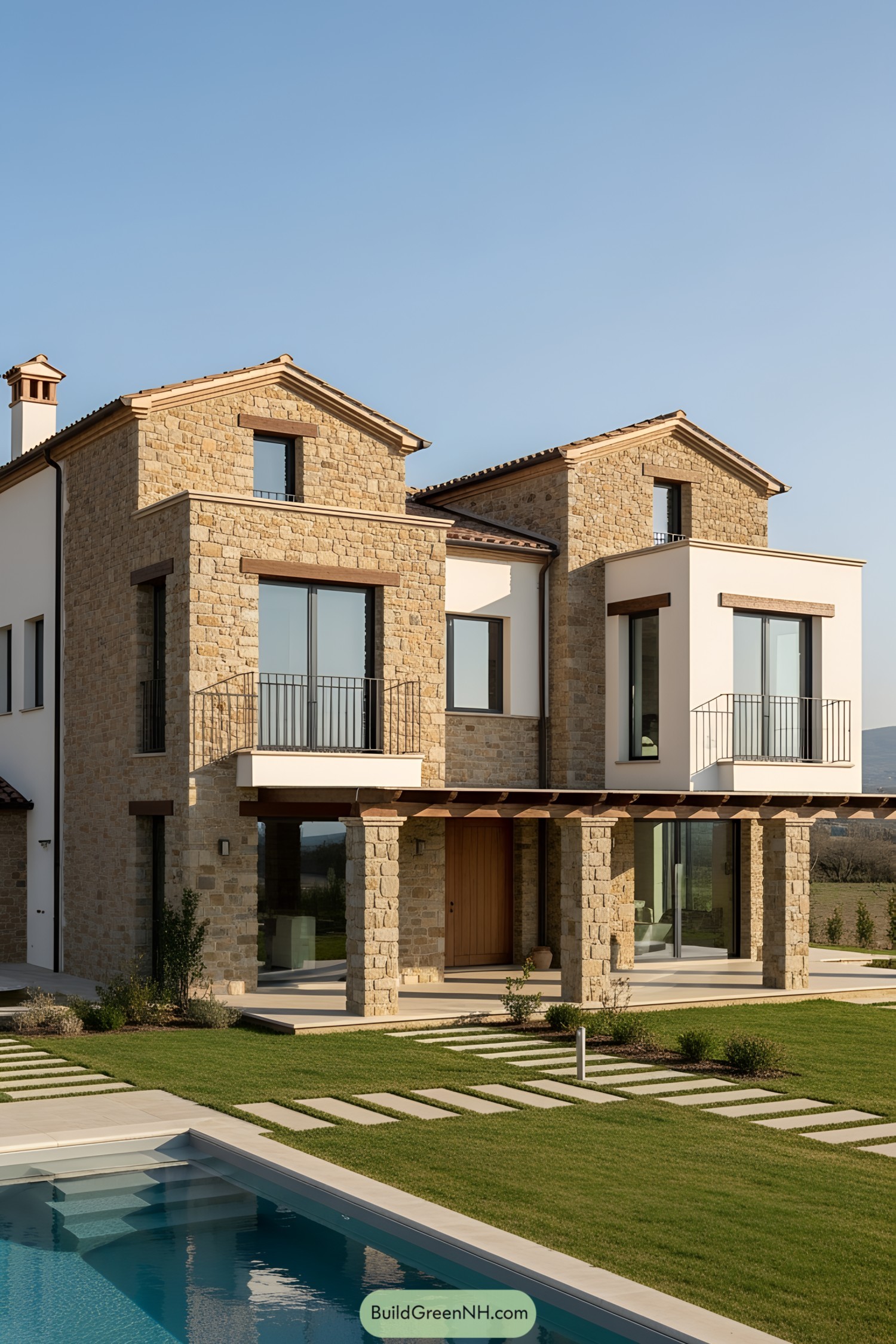 Modern farmhouse with stone facade and pool
