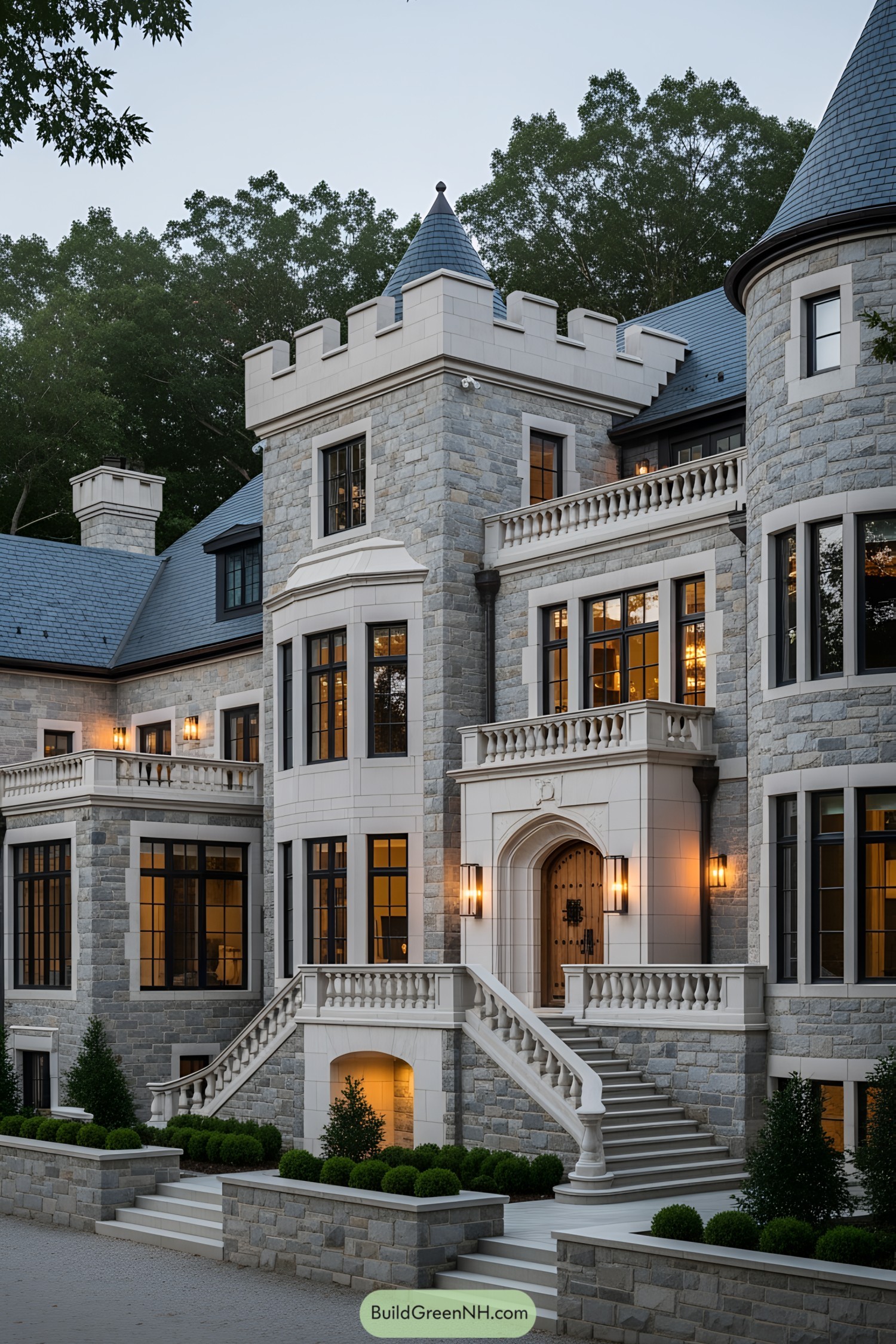 Facade of a modern castle with stone walls and large windows