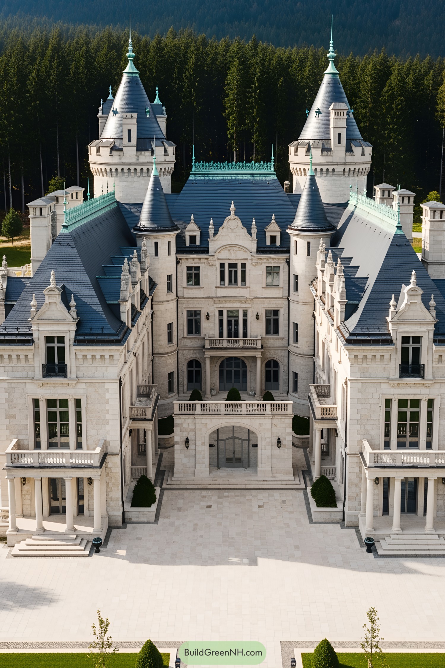 Modern castle with towers and lush green backdrop