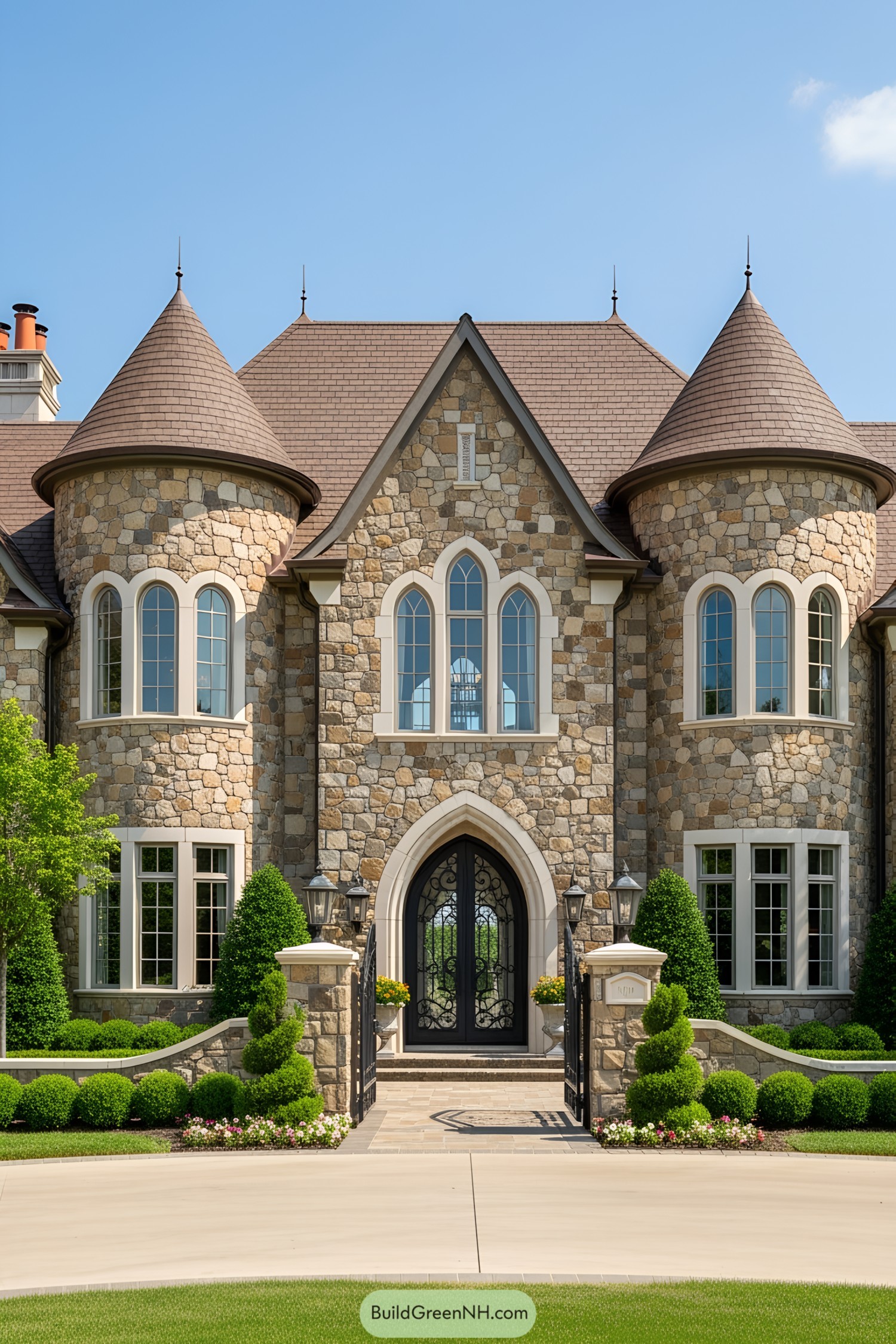 Modern luxury castle with stone facade and turrets
