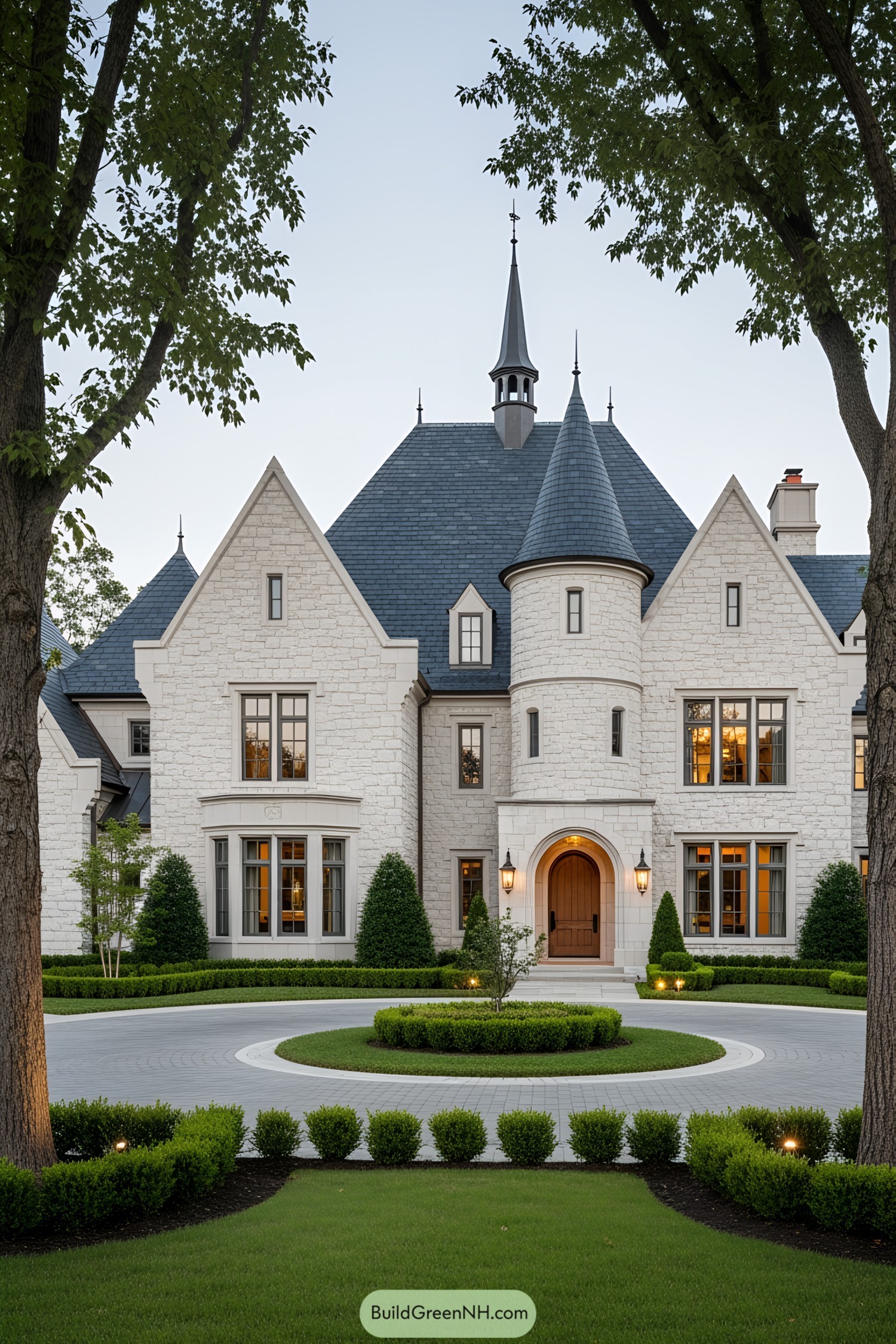 A modern castle with a stone facade and turret, surrounded by lush greenery