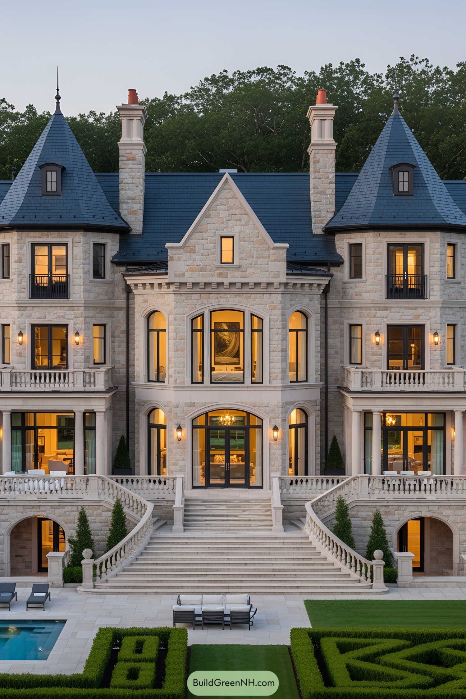 Luxurious modern castle with stone facade and turrets