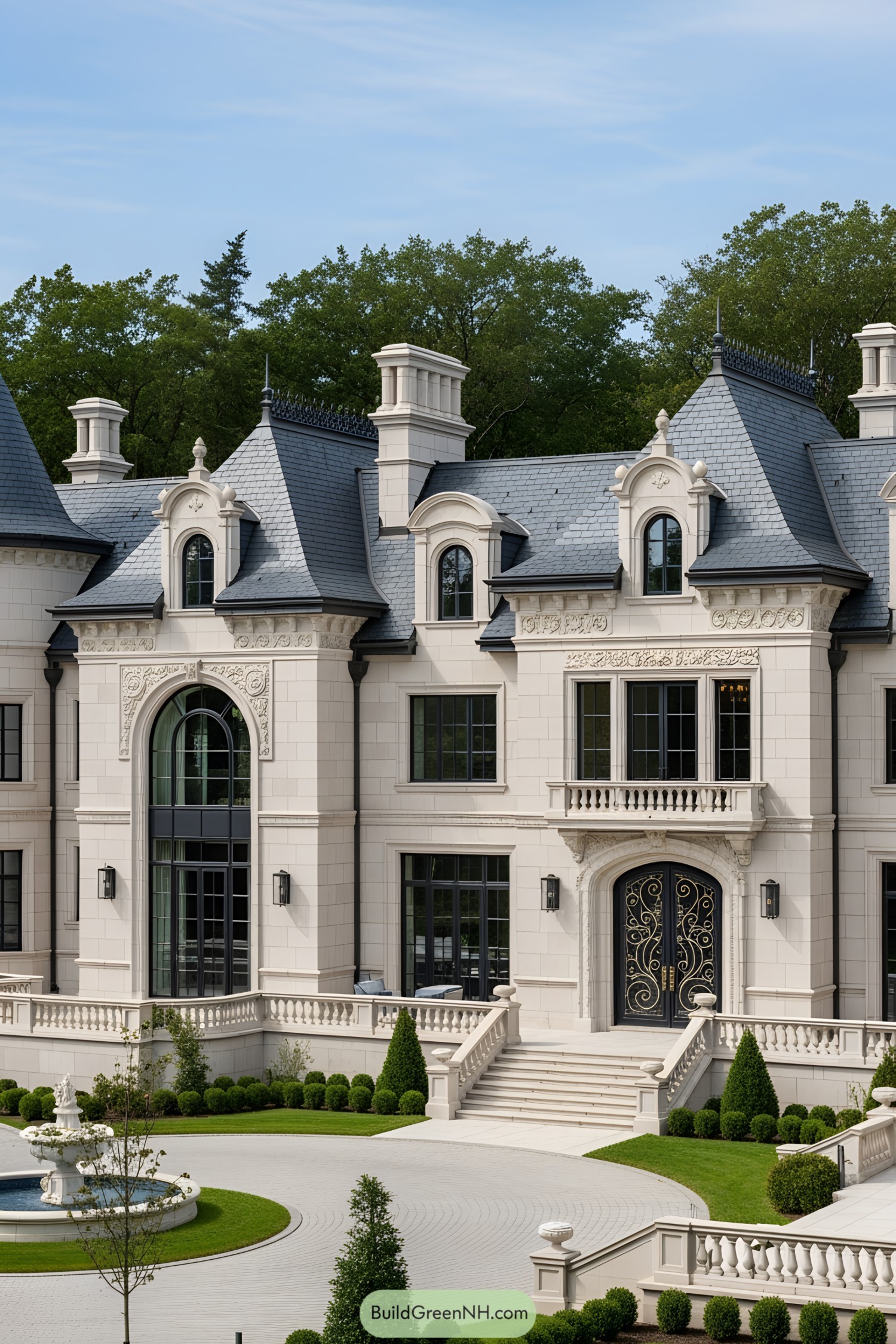 Elegant modern castle with grand entrance and fountain