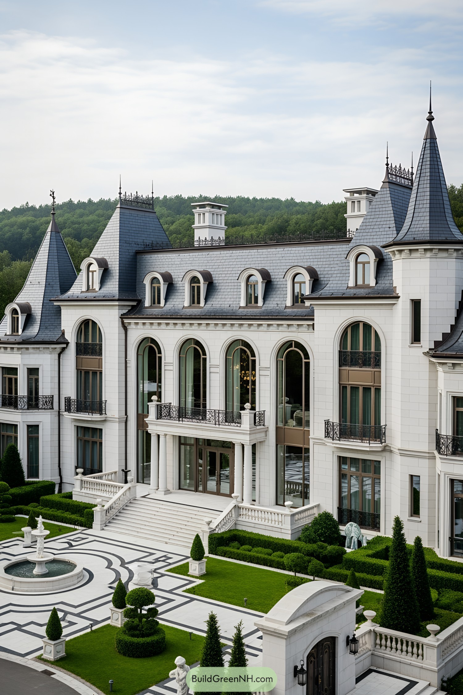 Modern castle exterior with manicured gardens and grand entrance