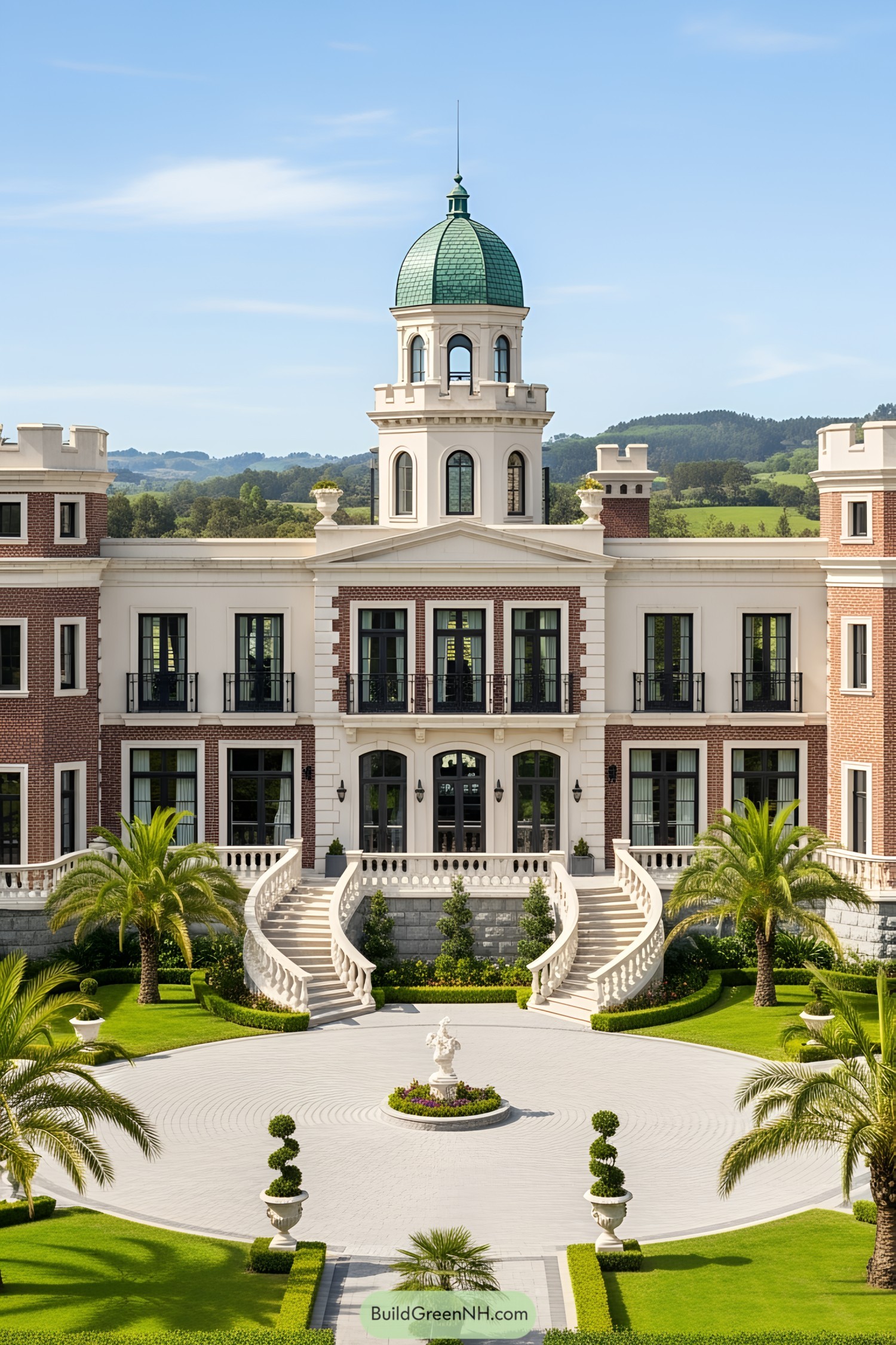 Modern luxury castle with a central dome and grand staircases