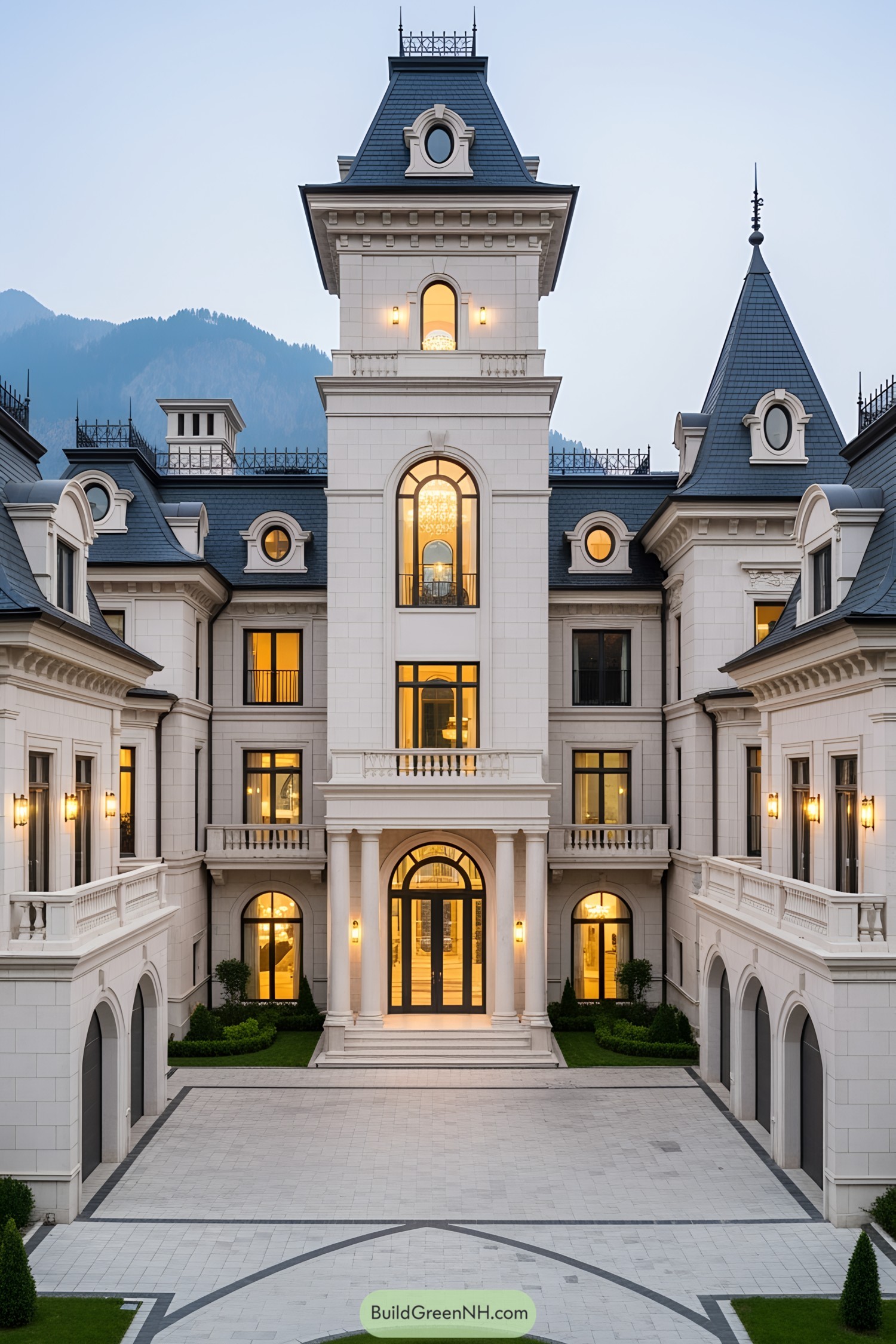 Luxury castle with grand entrance and illuminated windows