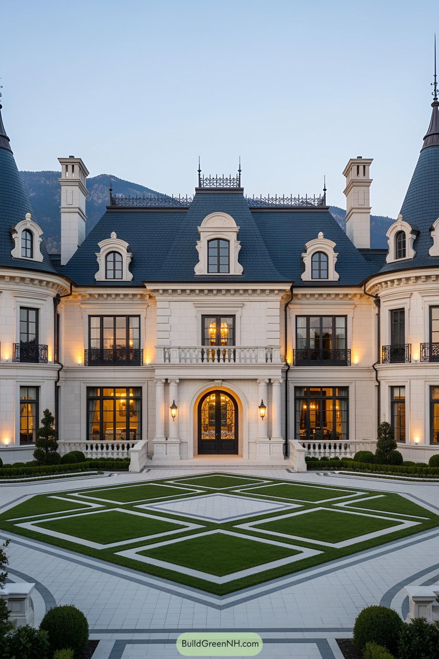 Luxurious mansion with grand architecture and elegant landscaping