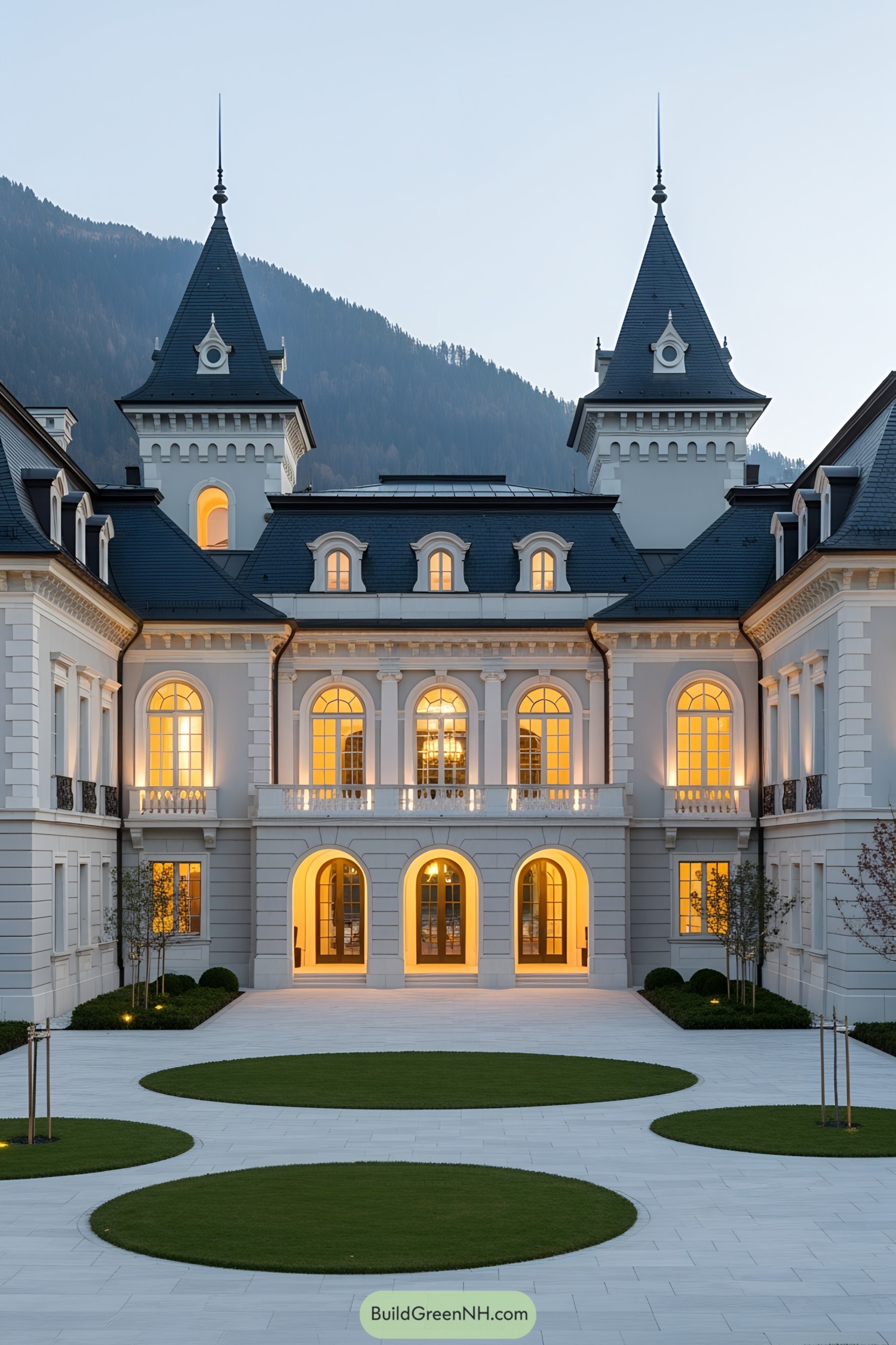 Luxurious castle with glowing windows and dramatic turrets