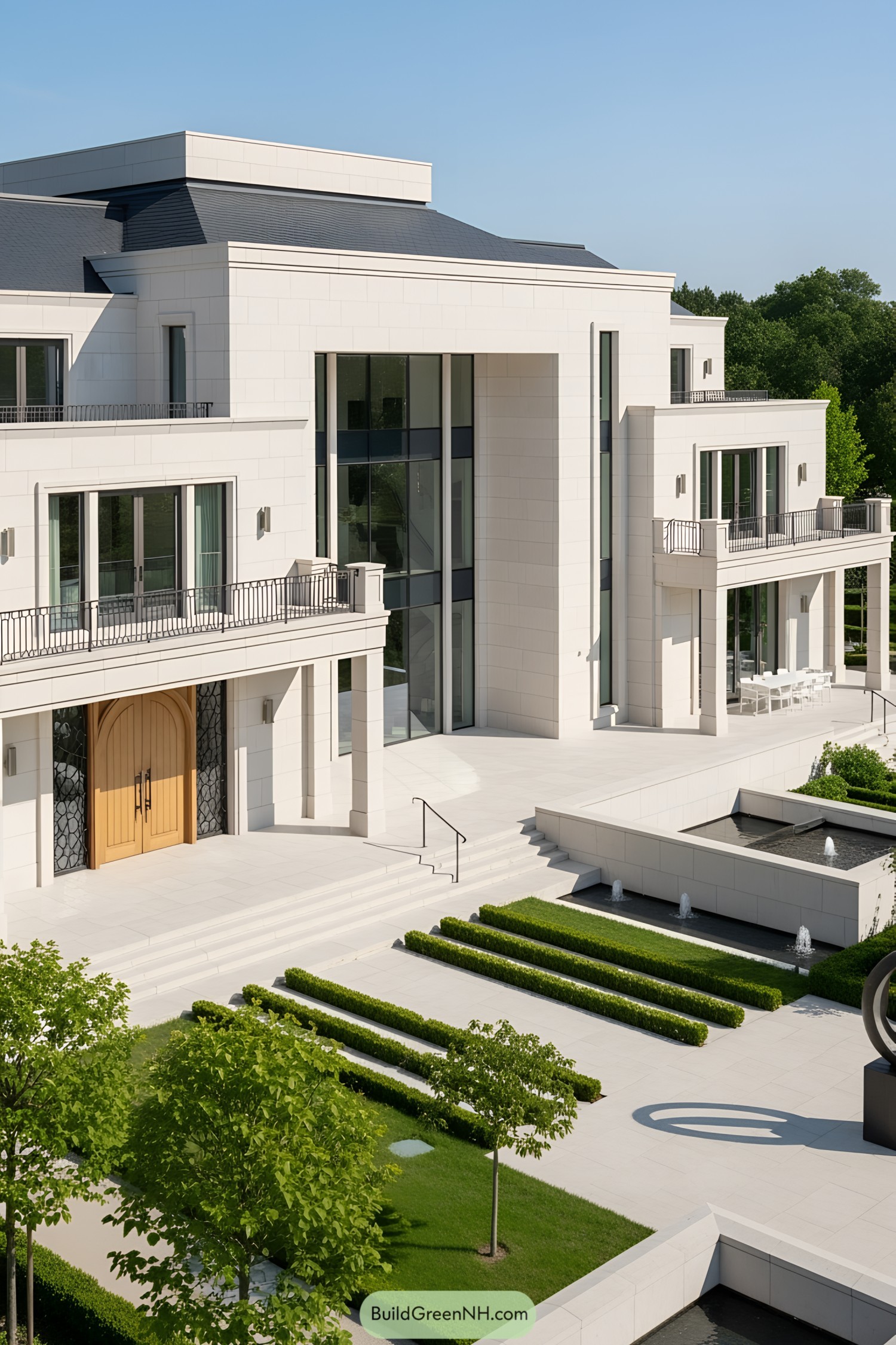Modern castle with sleek design and landscaped gardens