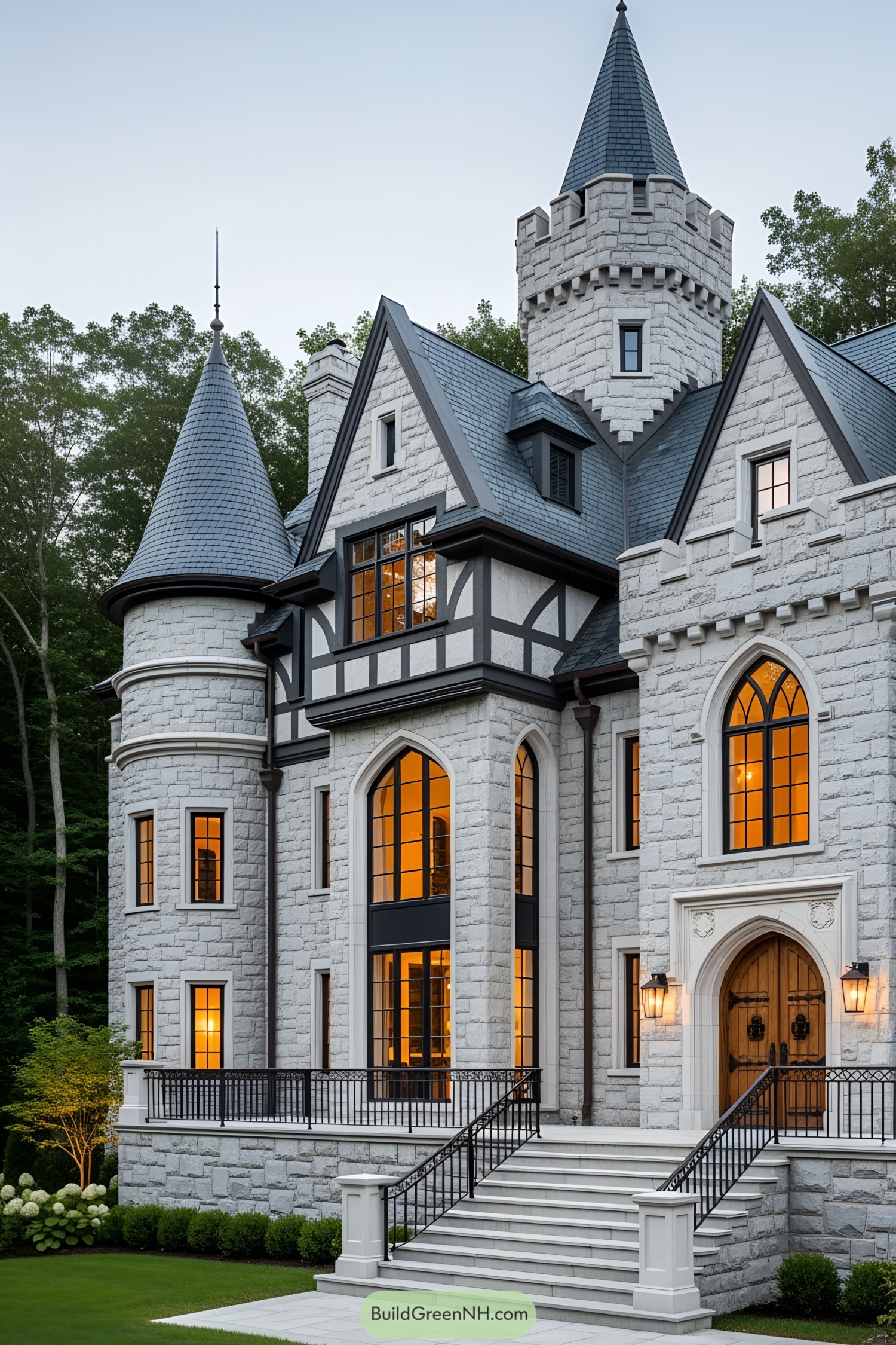 A modern castle with stone façade and turrets, surrounded by lush greenery