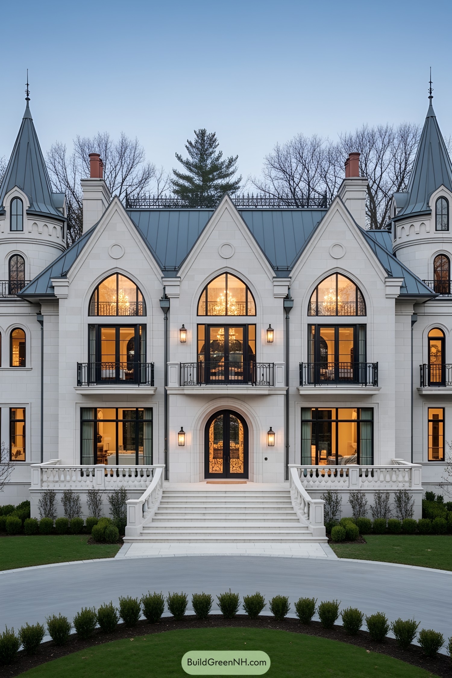 A modern castle with grand windows and elegant towers