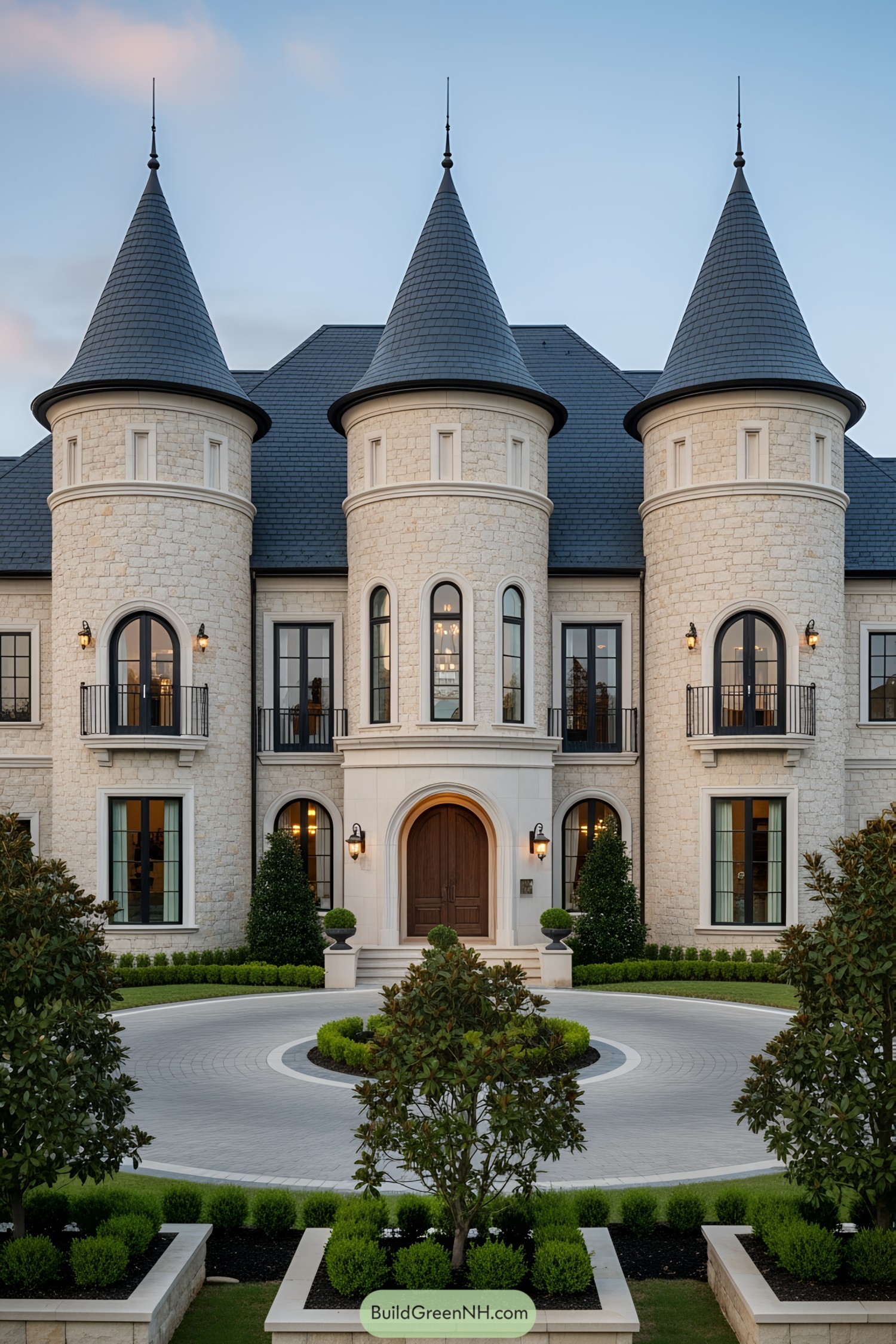 Exterior view of a modern luxury castle with three turrets and a grand entrance