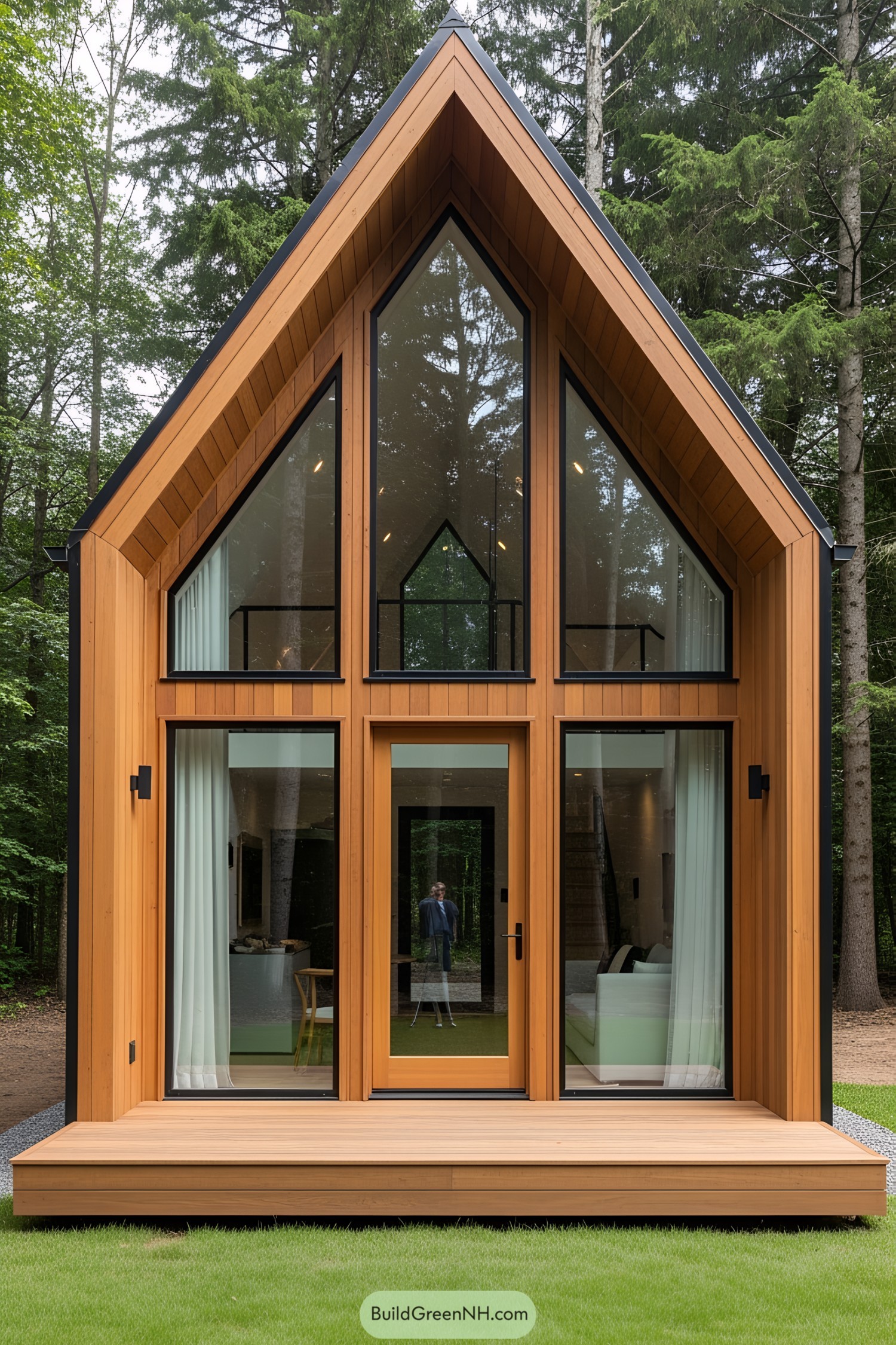 Small A-frame cabin with large windows in a forest setting