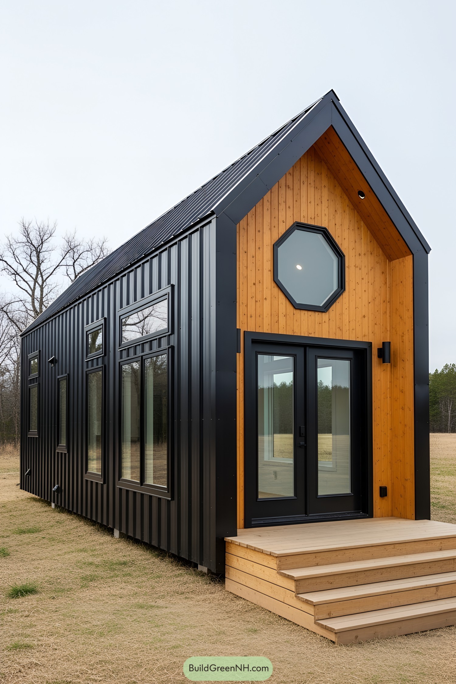 Modern micro cabin with black and wood exterior
