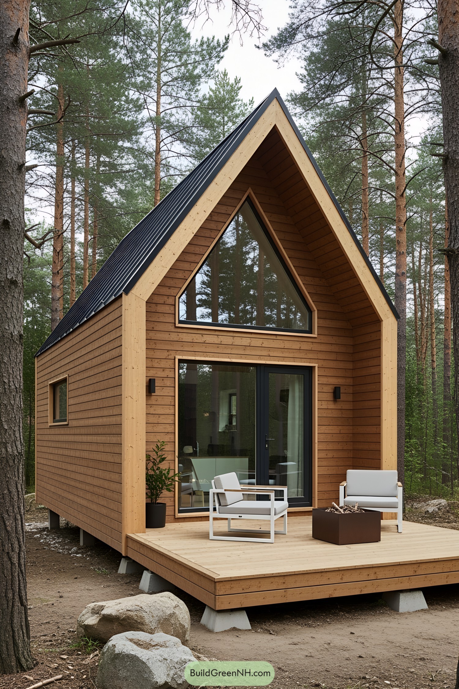 Small modern cabin in a forest setting