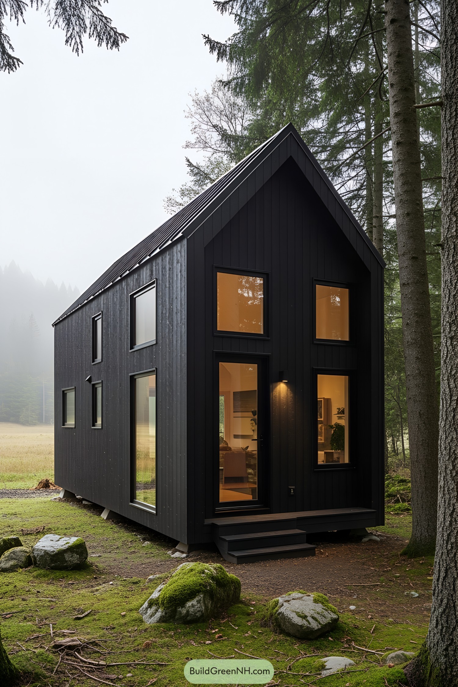 Sleek dark cabin nestled among tall trees