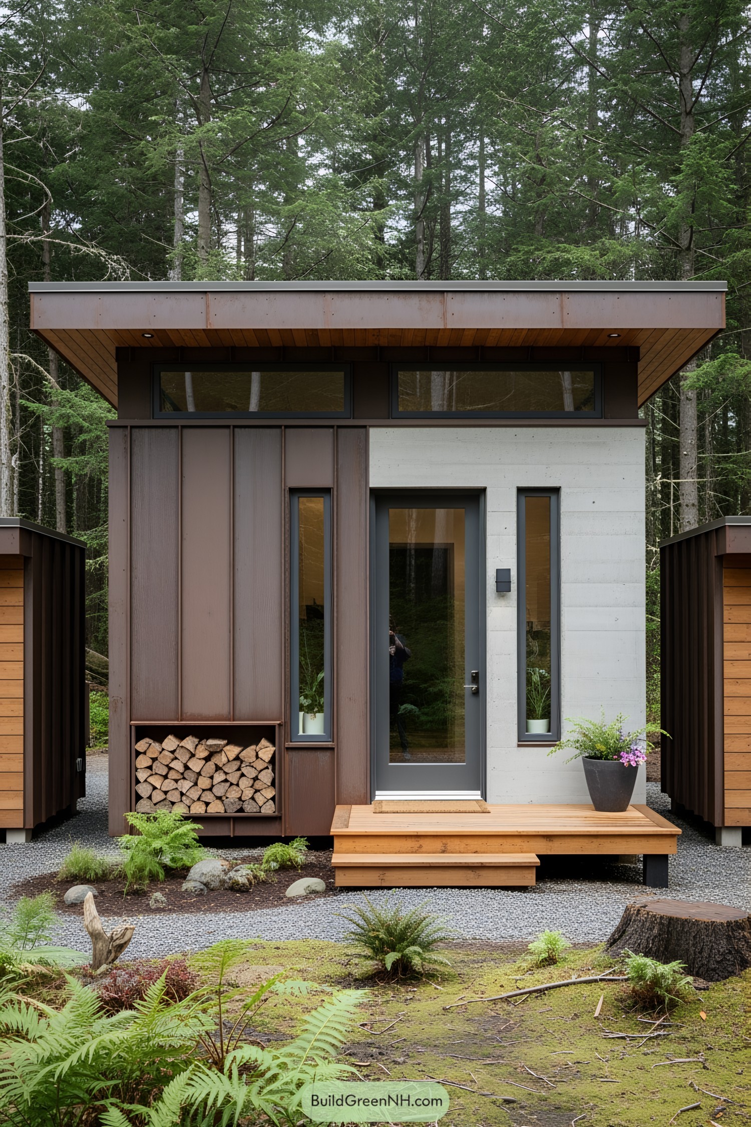 Compact, modern cabin amidst a lush forest setting